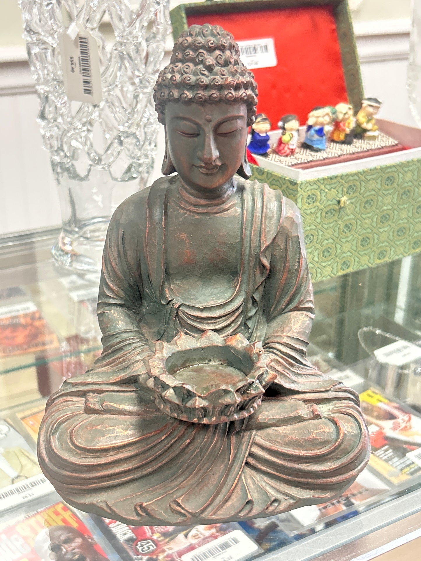 Vintage Buddha Seated with Offering Dish 9” (resin)