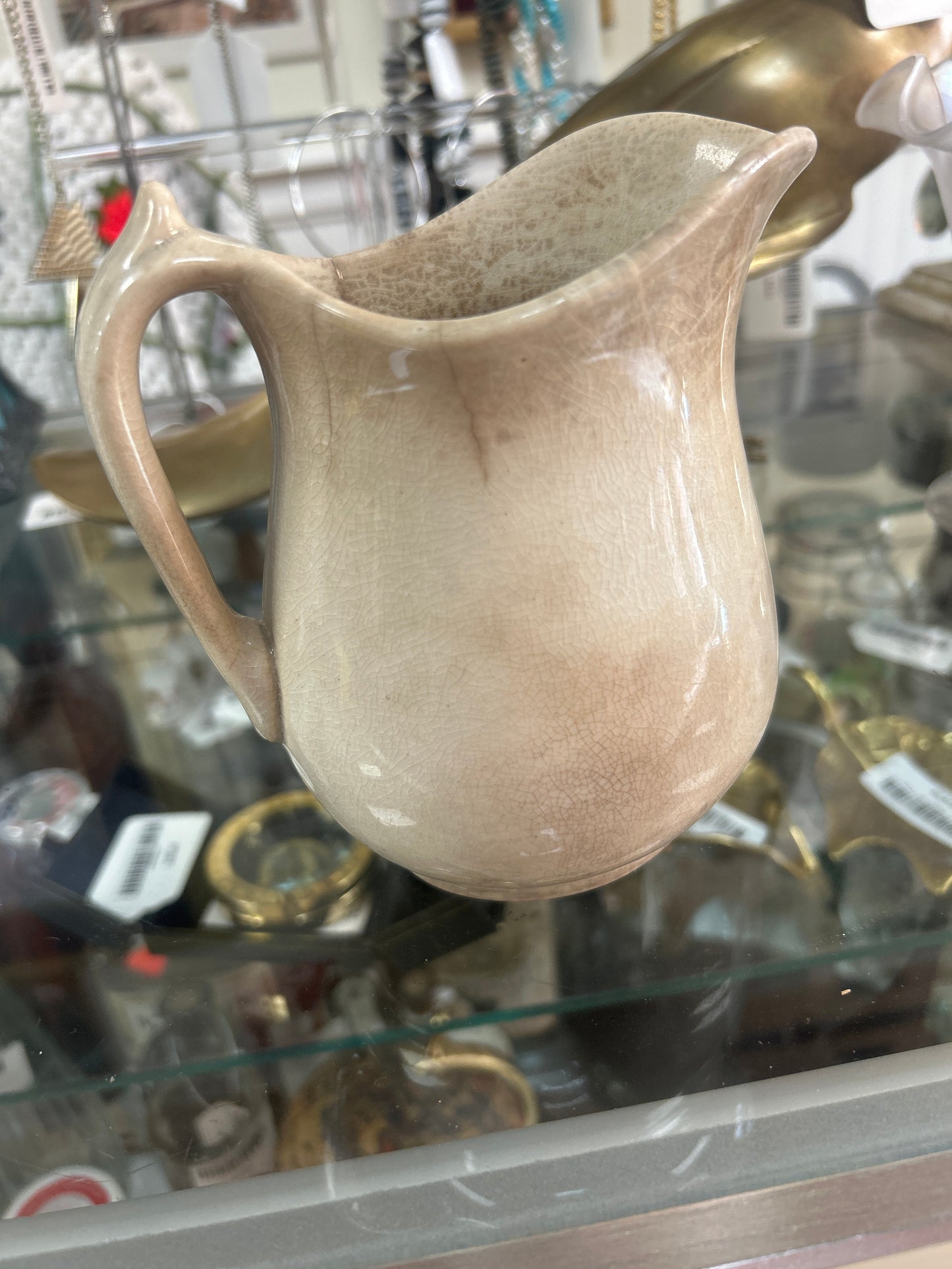 Pretty white ironstone pitcher with great browning and crazing; Goodwin Brothers 5”