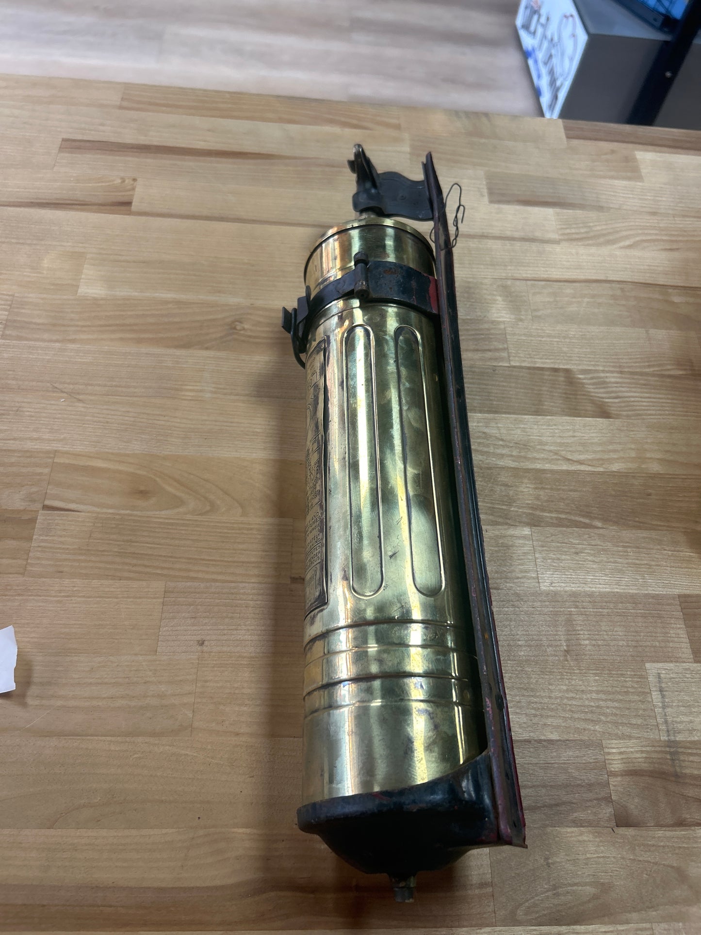 Vintage Brass Pyrene Fire Extinguisher With Bracket 1 1/2 quart. Decor only.