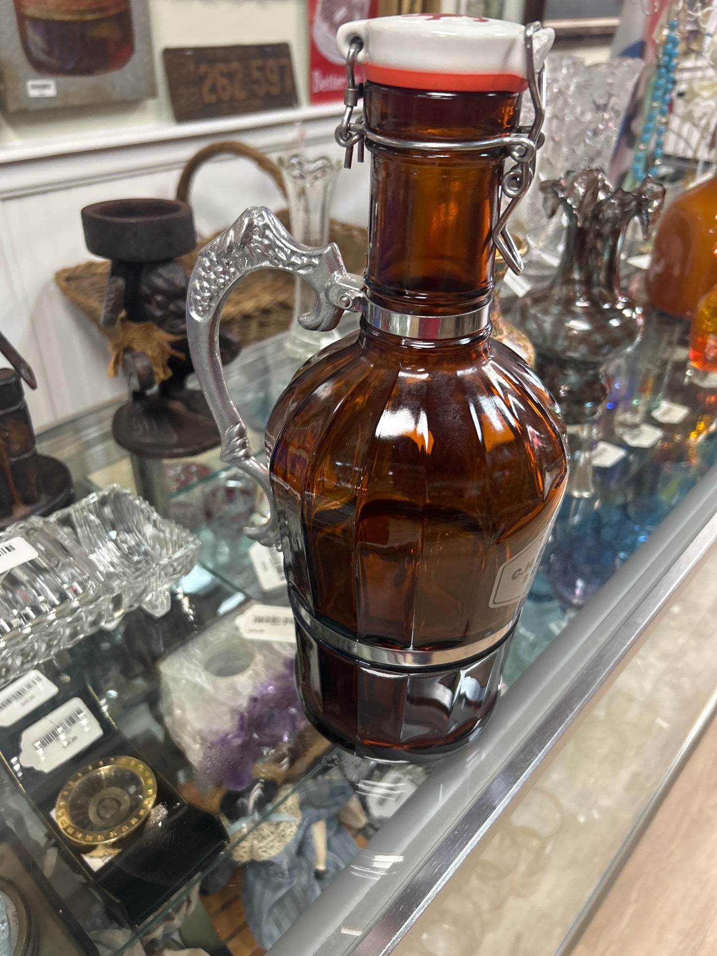 Amber Brown Glass Growler Beer Bottle Aluminum Handle C.H Evan’s Brewing