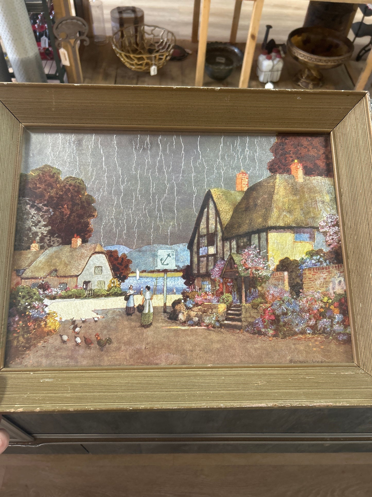 Vintage Antique Franklin Framed Earnest Uden English European Cottage Countryside Scene Foil Dufex Art Picture. Rough frame.