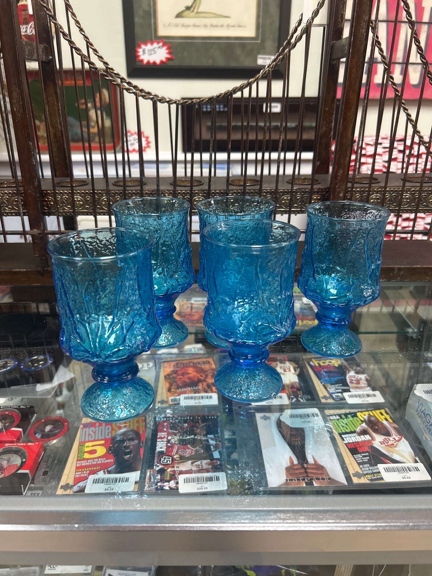 5 Vintage Footed Blue Anchor Hocking Rain Flower Tumblers