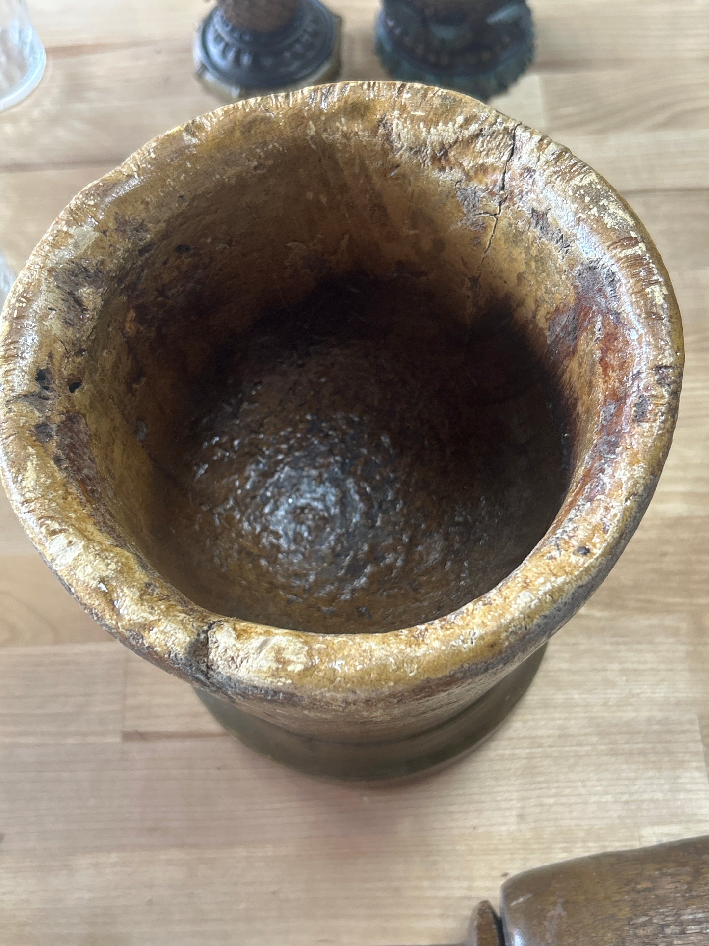 Antique Primitive Wood Mortar and Pestle (has cracks in wood but awesome)