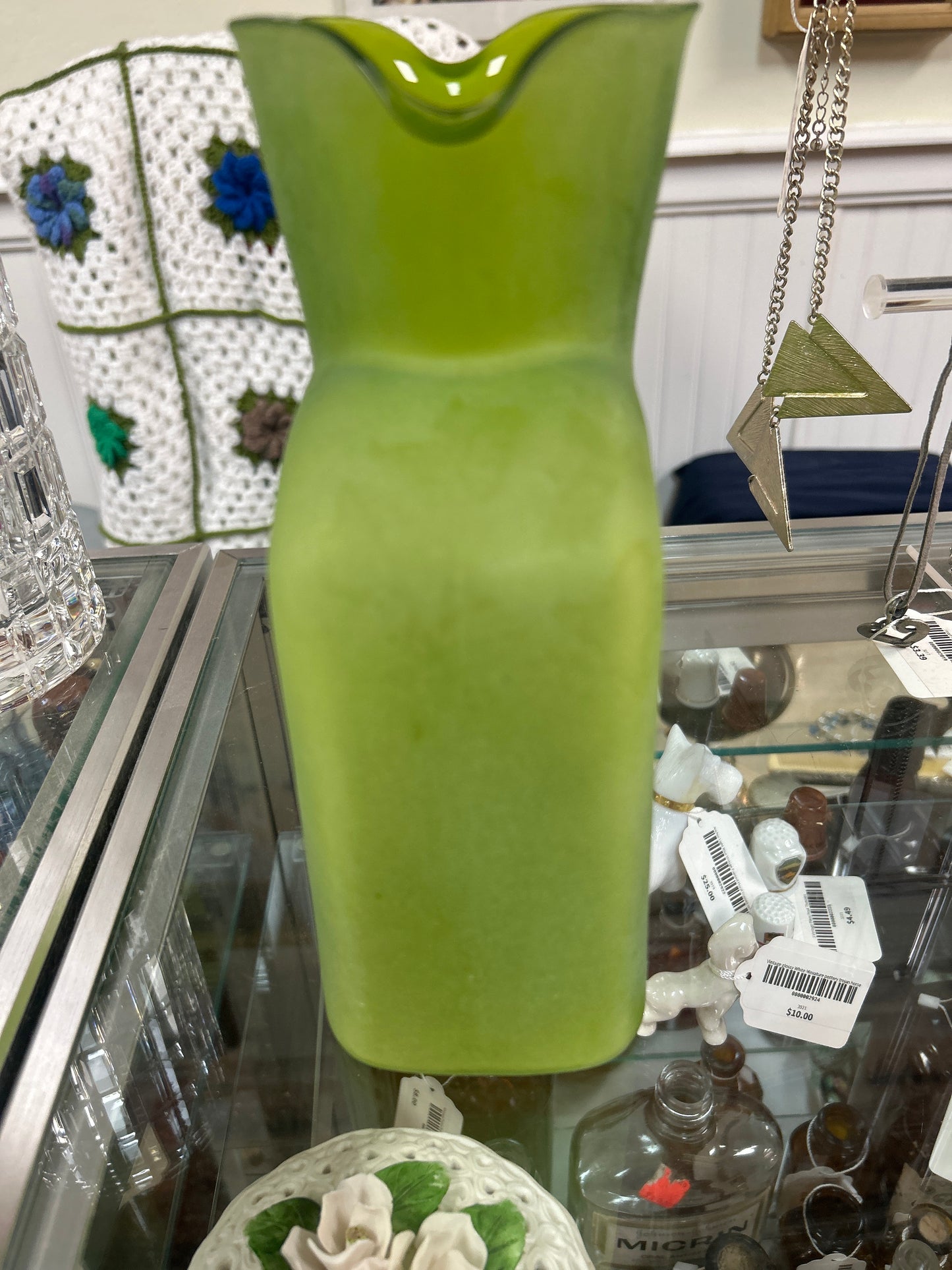 Vintage Blenko Frosted Green Double Spout Carafe 8”