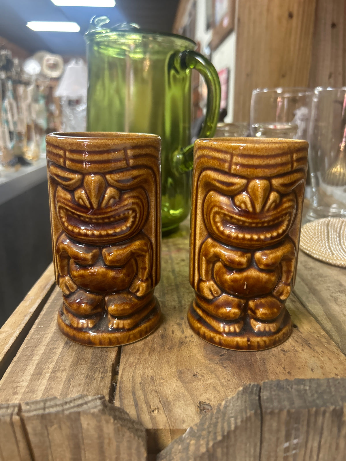 Orchids of Hawaii ceramic tiki mugs, Leilani design in a brown glaze
