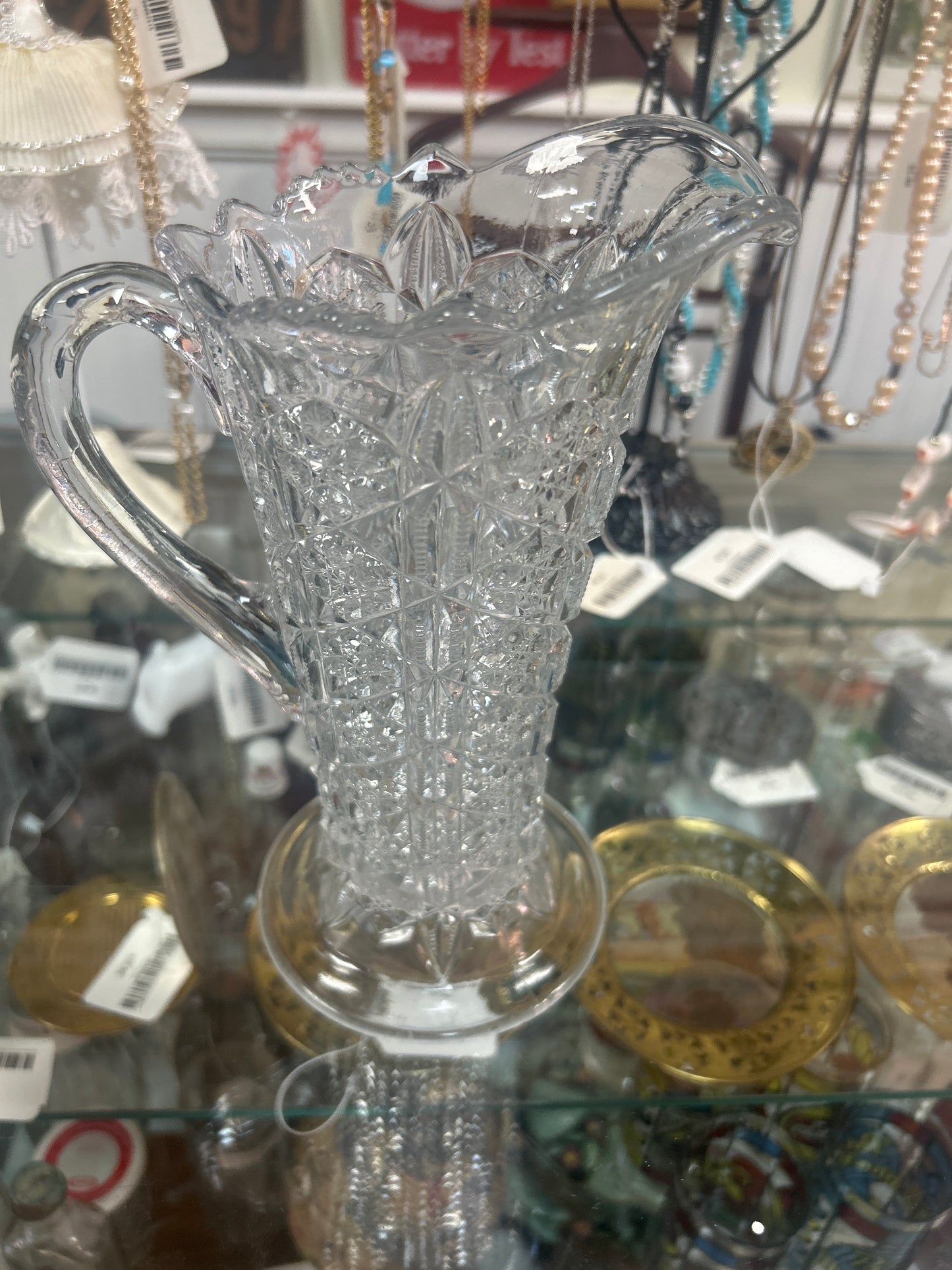 Early American Pressed Glass Mckee Toltec pattern narrow pitcher 1904 8.75 inch