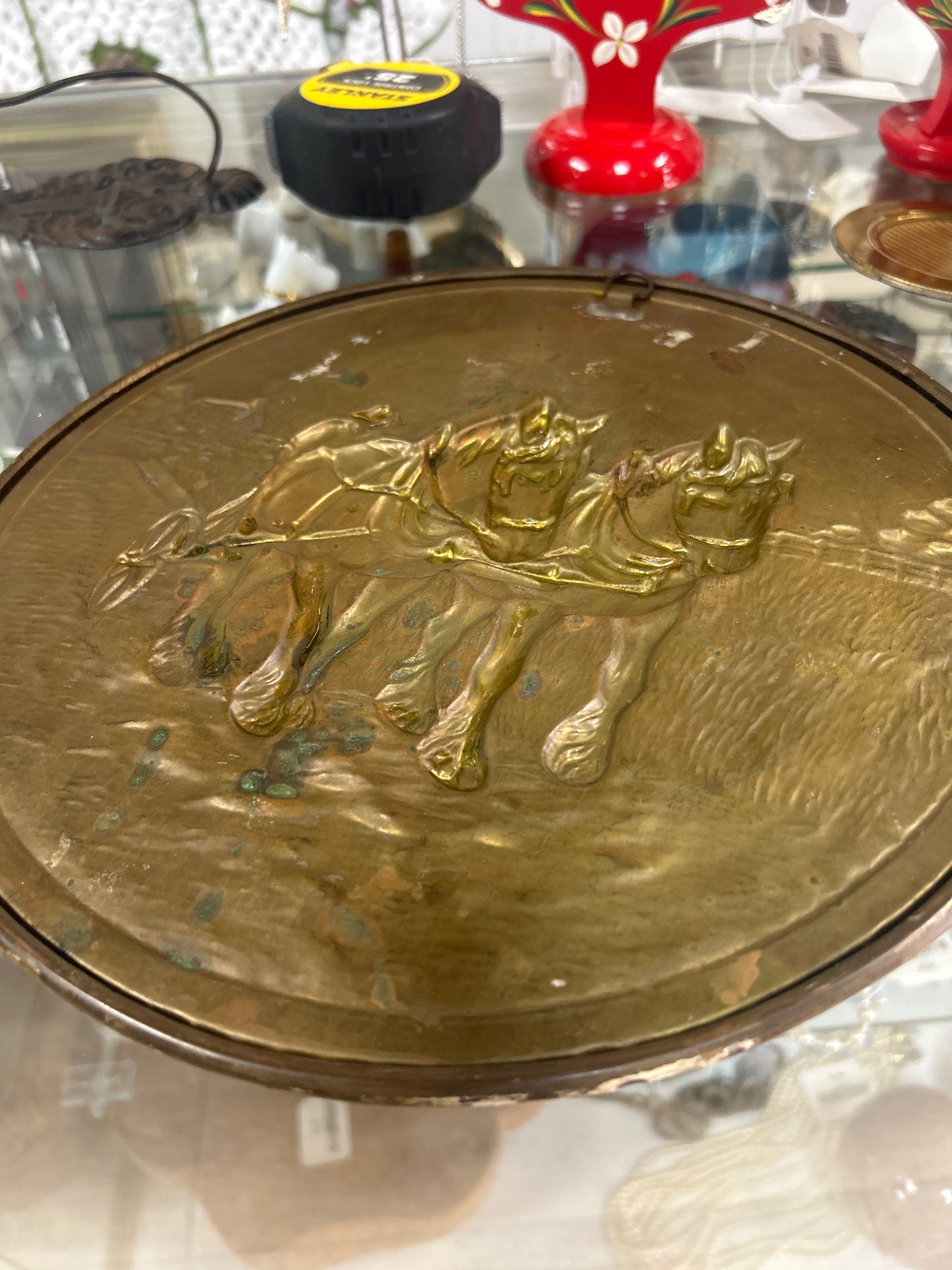 Vintage Brass Wall Hanging Plaque Plate Horse Scenery 11”D
