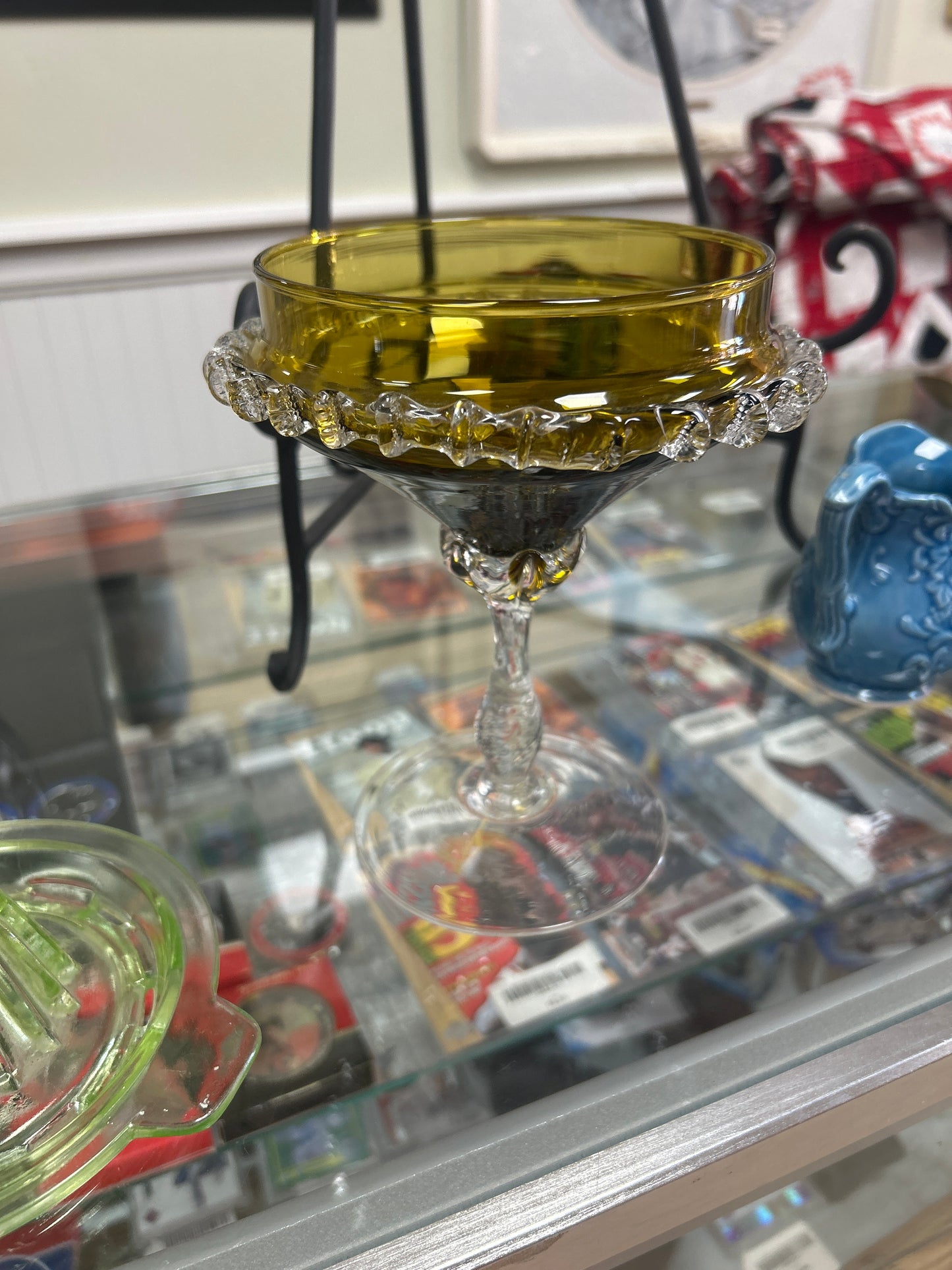 Glass Compote dish Applied Glass. On a pedestal. 7.25” Tall.