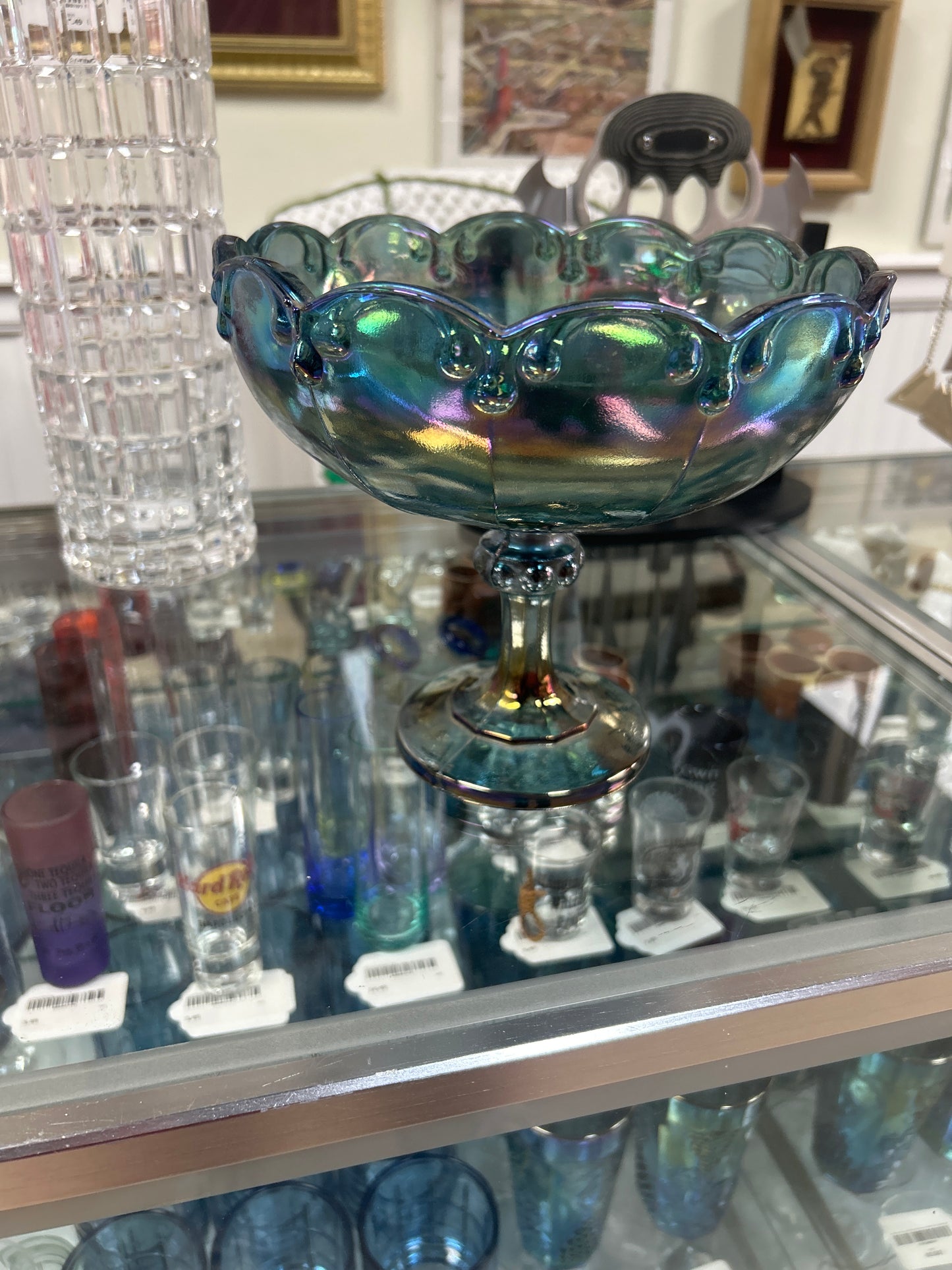 Vintage Indiana Glass Iridescent Carnival Garland Blue Compote Bowl