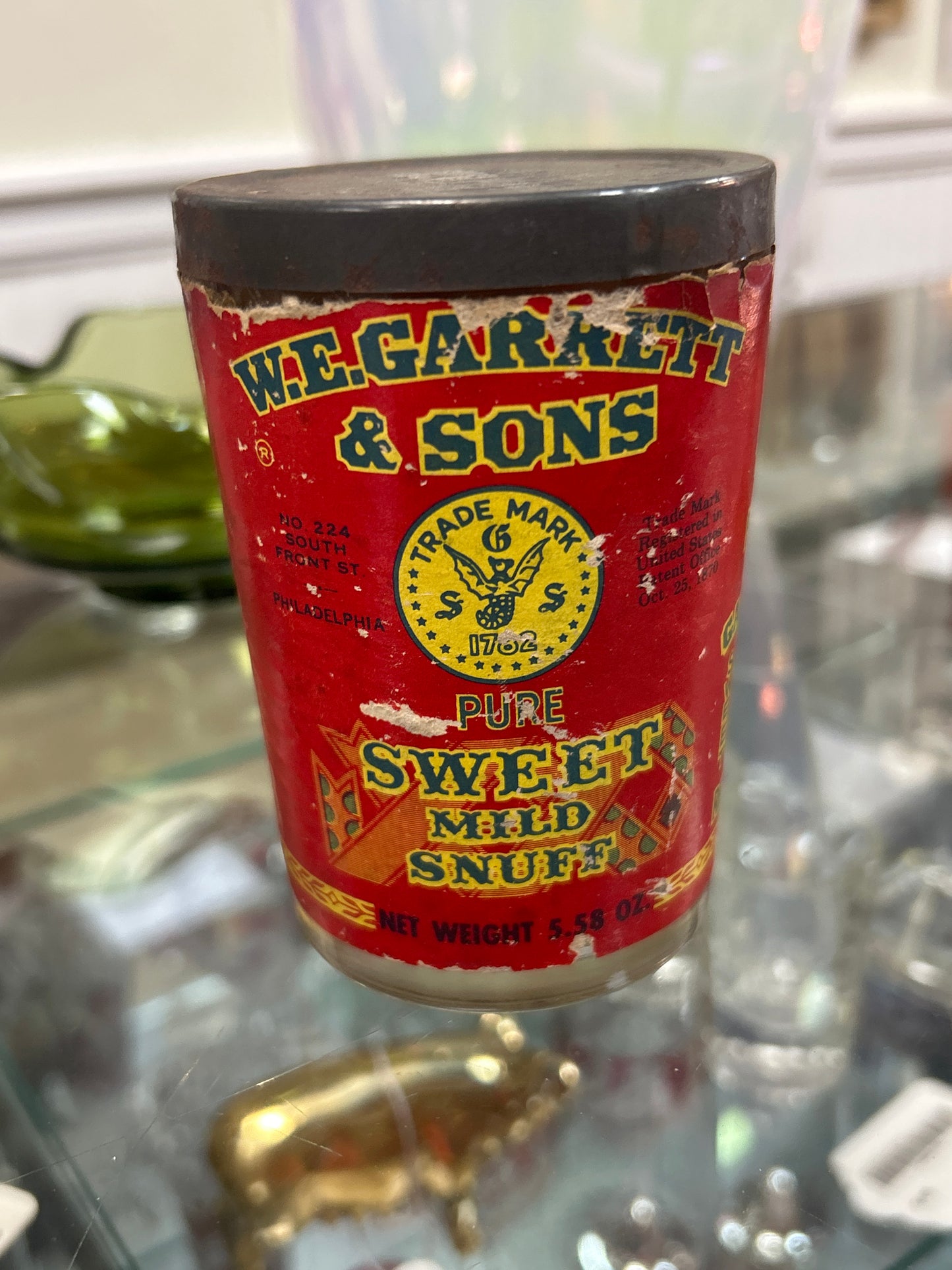 VINTAGE W.E. GARRETT & SONS SWEET MILD SNUFF JAR PAPER LABEL 5.58oz