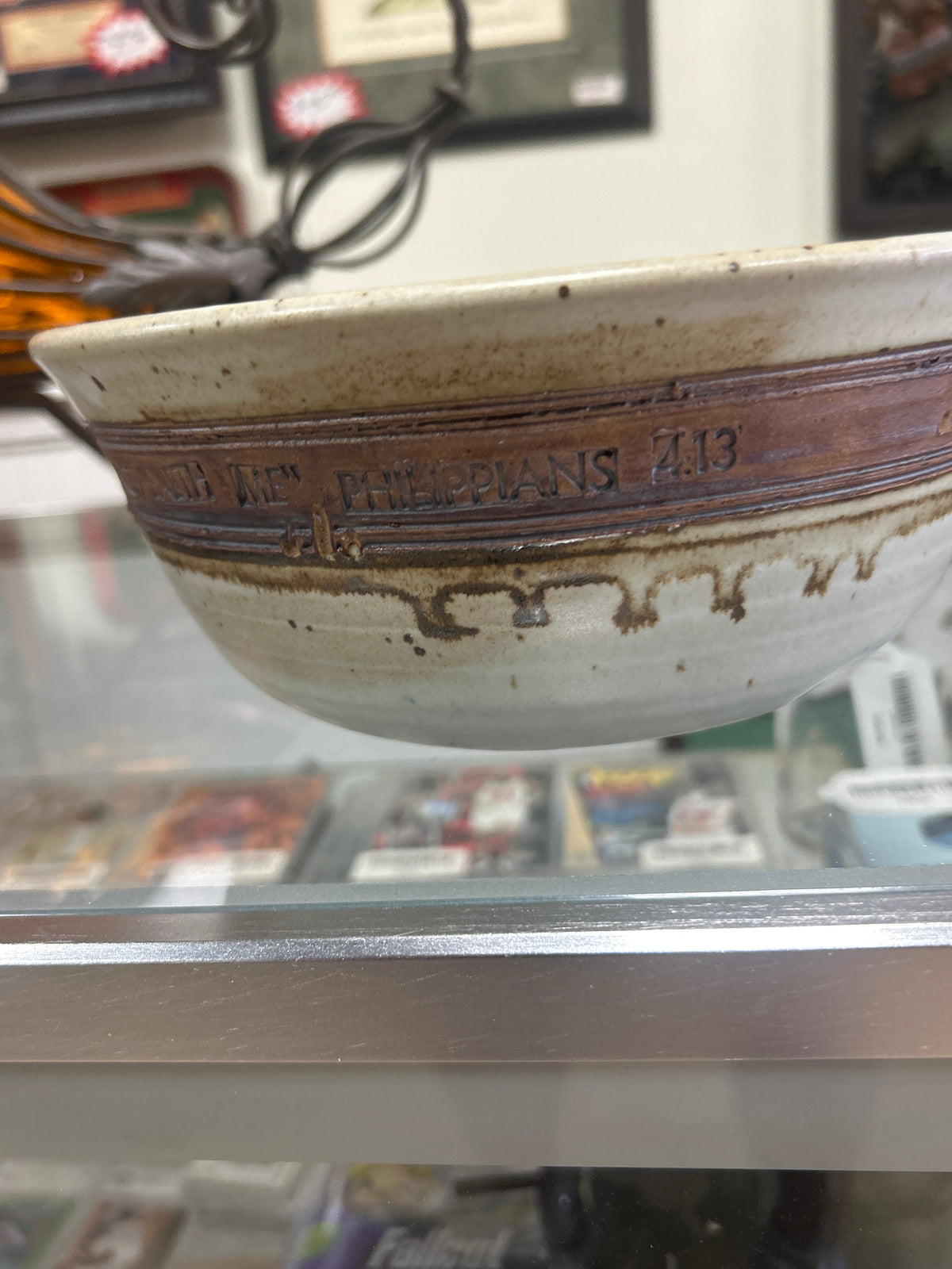 Studio stoneware bowl with a speckled off-white 98’ Philippians 4:13 pressed lettering