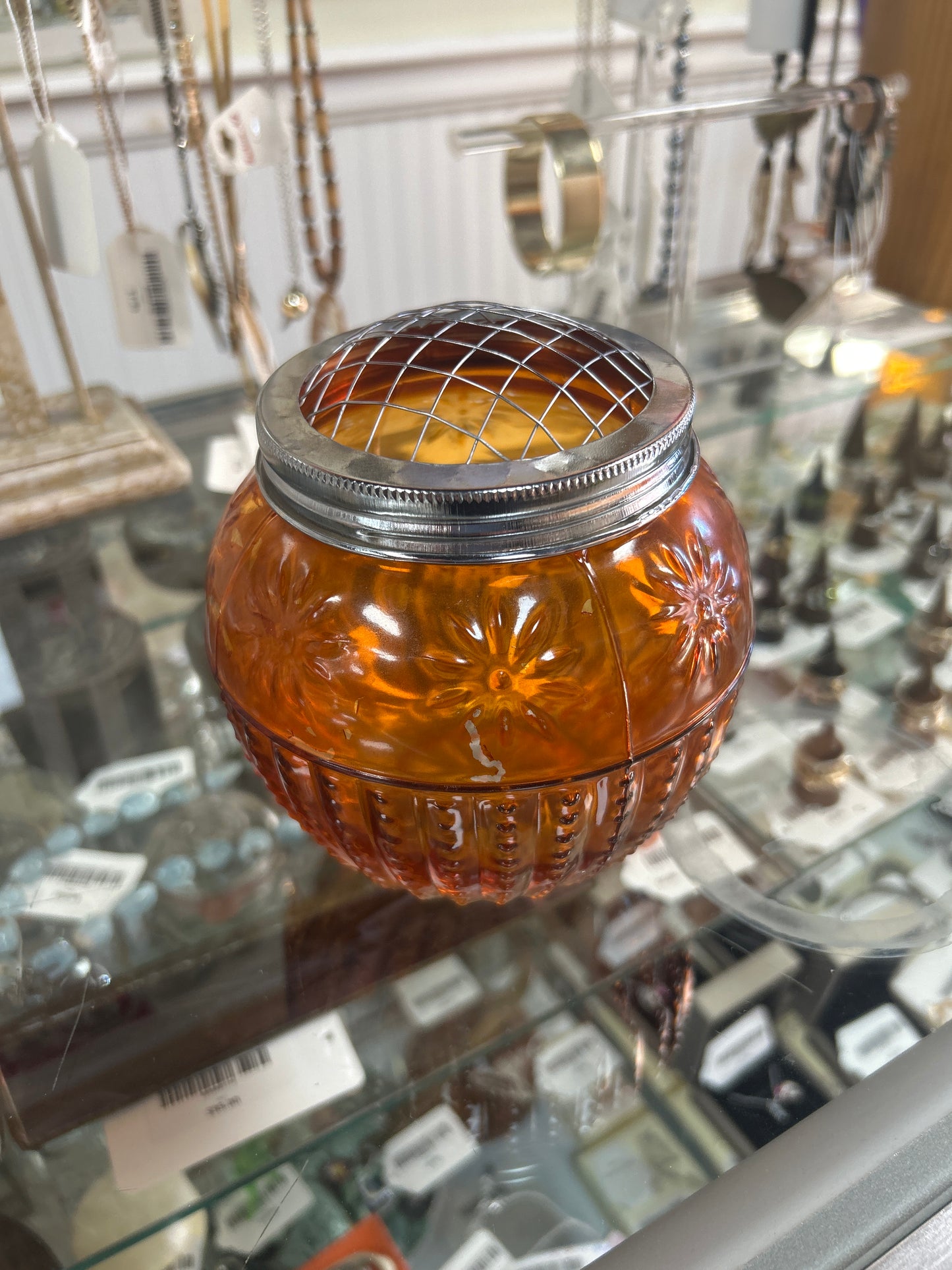 Vintage Amber Pressed Glass Rose Bowl with Wire Frog