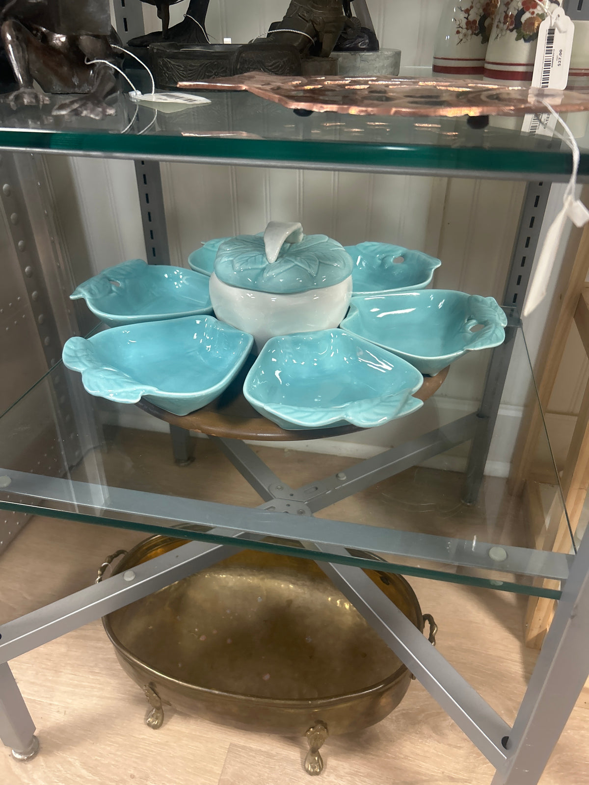 Vintage  Hoenig Lazy susan 9pc set Turquoise California Pottery #734