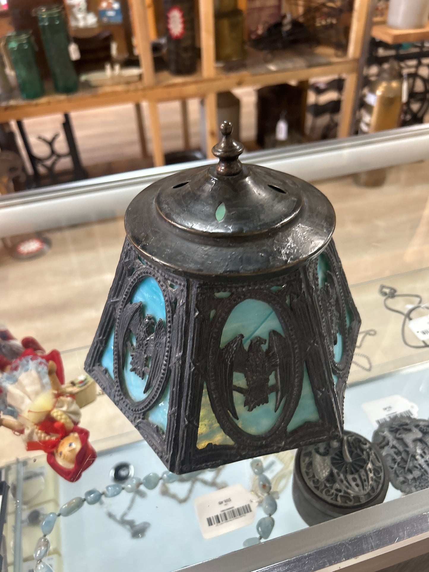 Heavy Metal and Glass Small Lamp shade 7” (crack in on glass plate) Heavy for size