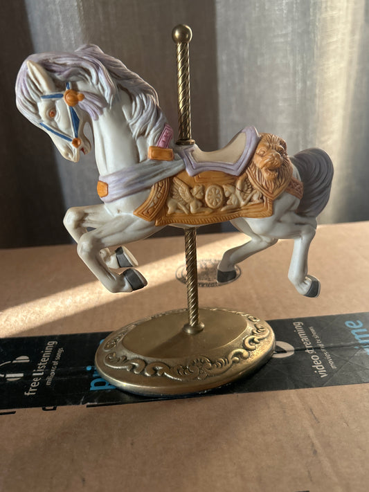 Carousel Horse, Willetts Design Bisque Porcelain White Gold w/Lions Head Saddle w/ Brass Base