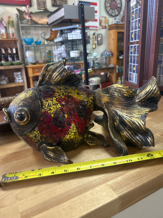 VINTAGE MOSAIC GLASS "BIG EYED" GOLDFISH FIGURINE STATUE - HEAVY