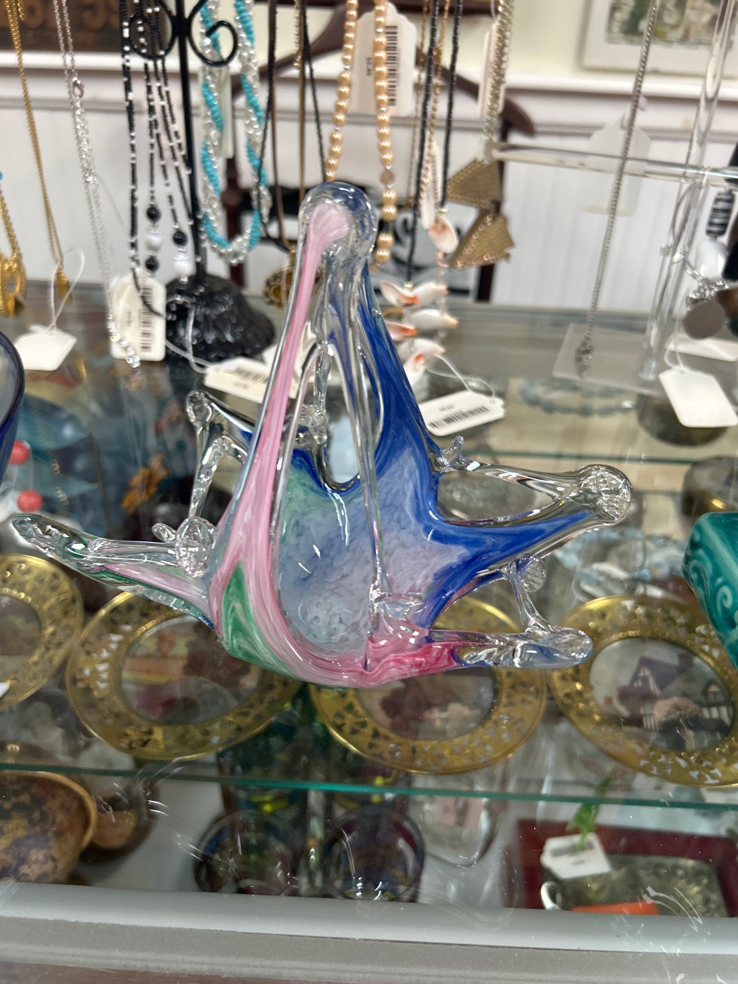 Italian Hand Blown Glass Handled Basket Candy Trinket Dish Murano Multi Colors (repaired)