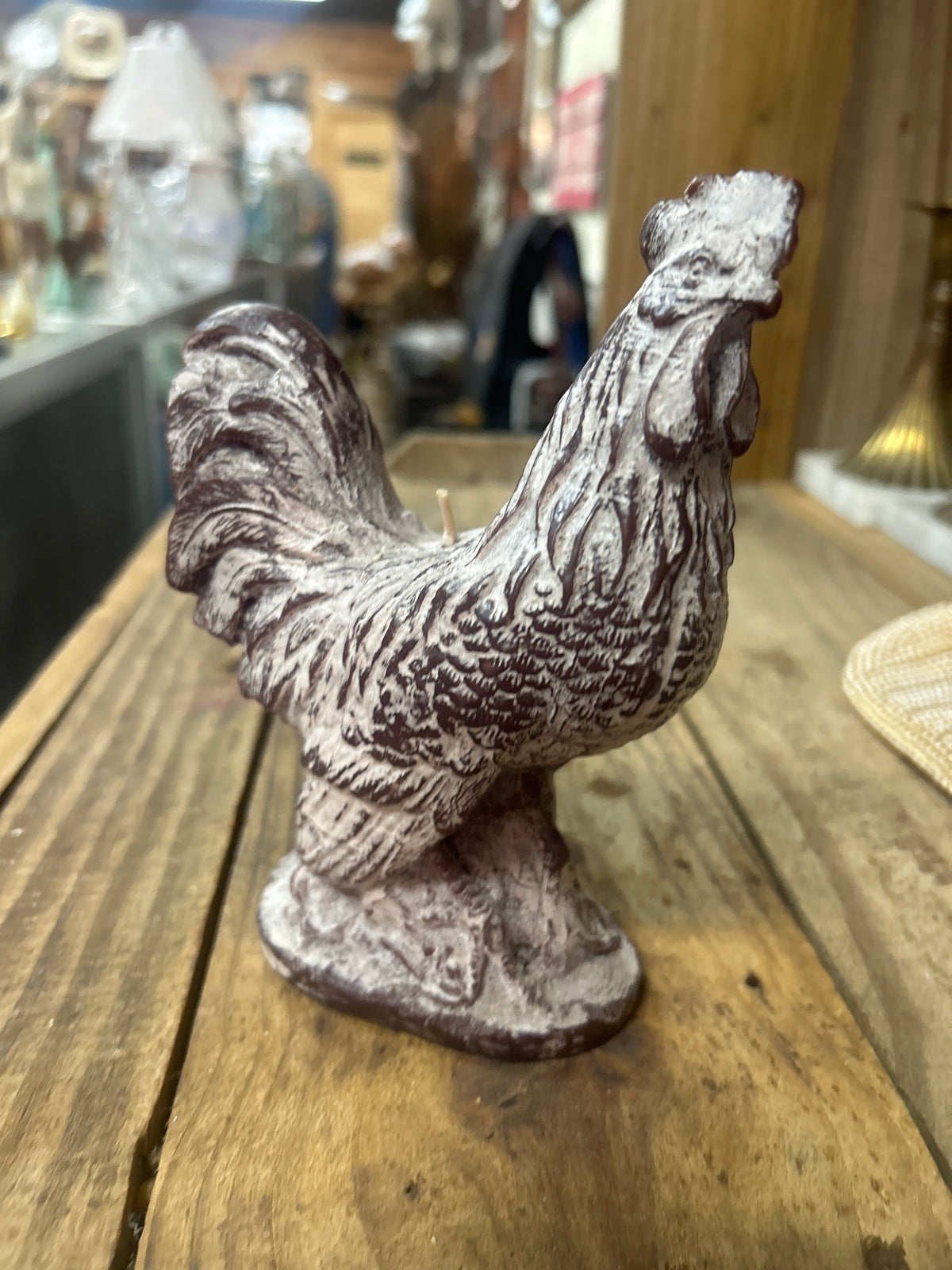 Molded wax rooster candle finished with a heavy, distressed whitewash coating