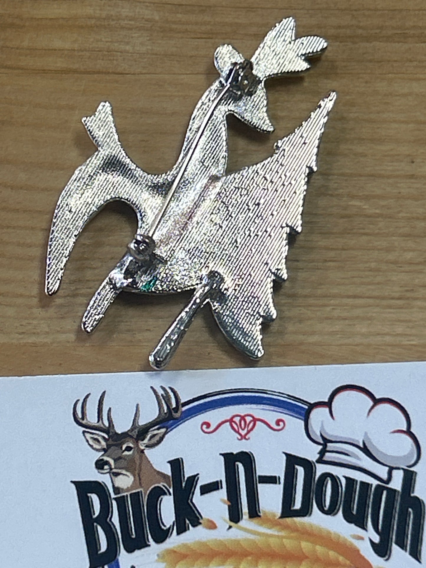 Vintage Christmas Brooch Deer By Tree Pin Red Rhinestone Eye