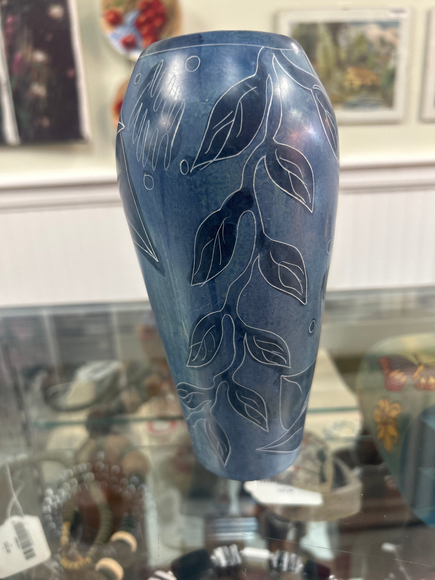 Blue Etched Vase 7” (heavy for its size)