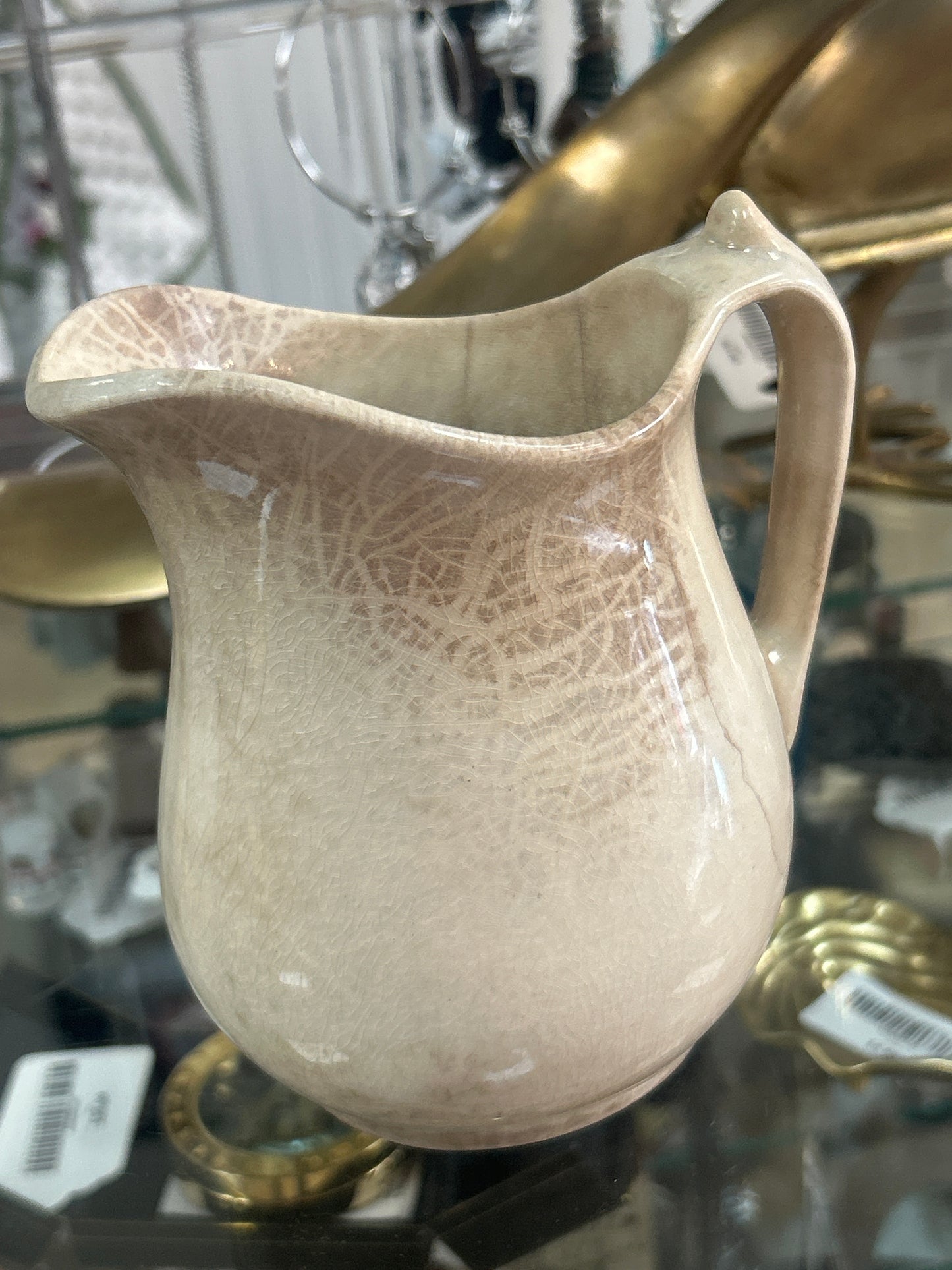 Pretty white ironstone pitcher with great browning and crazing; Goodwin Brothers 5”