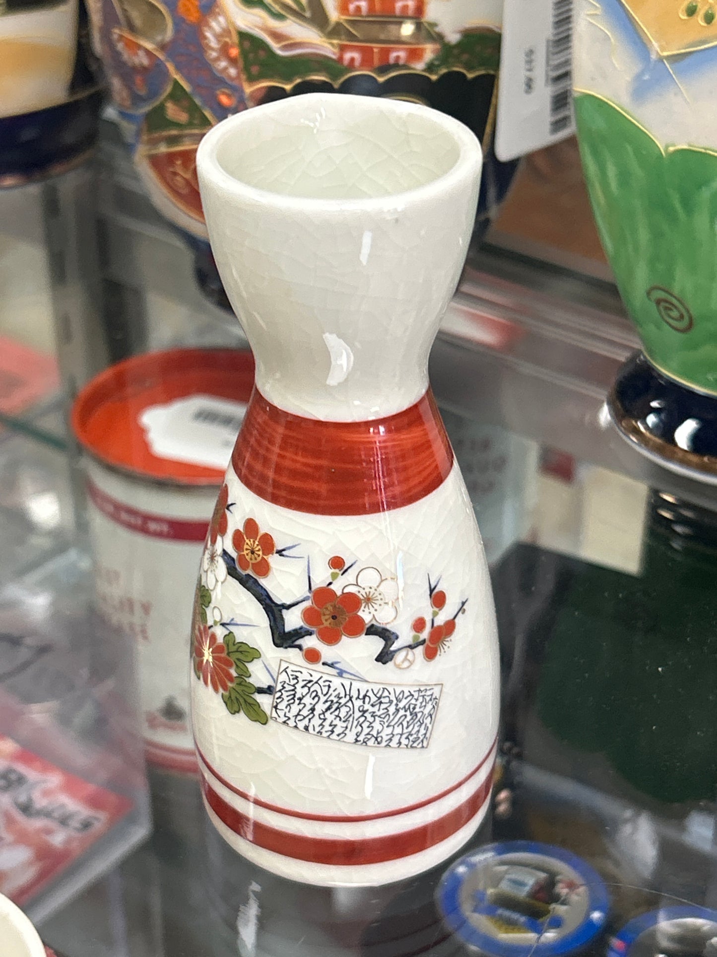 Vintage Japanese Porcelain 2 Sake Bottle Carafes and Four Matching Cups