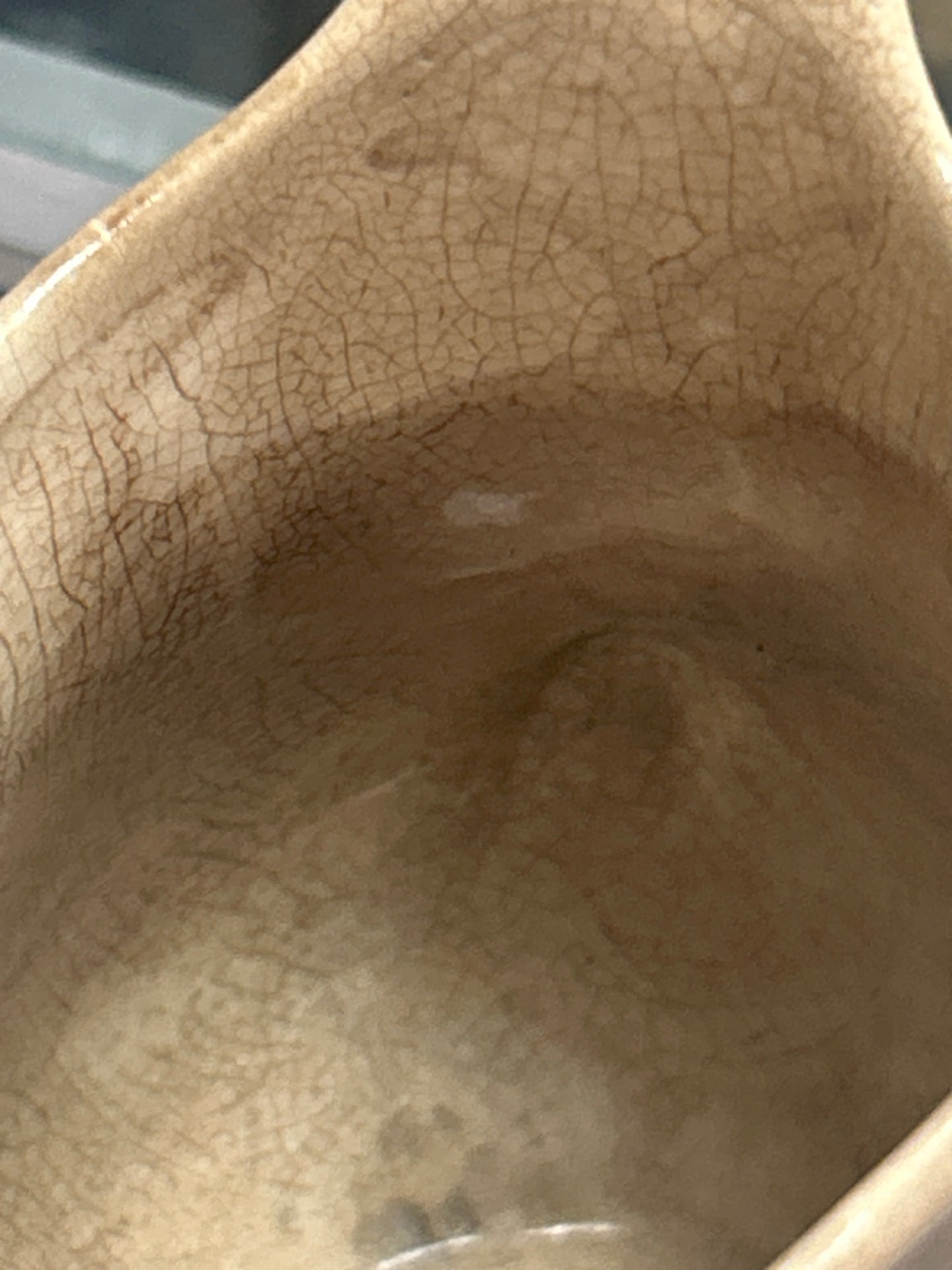 Antique ironstone pitcher with great browning and crazing; unmarked 5”