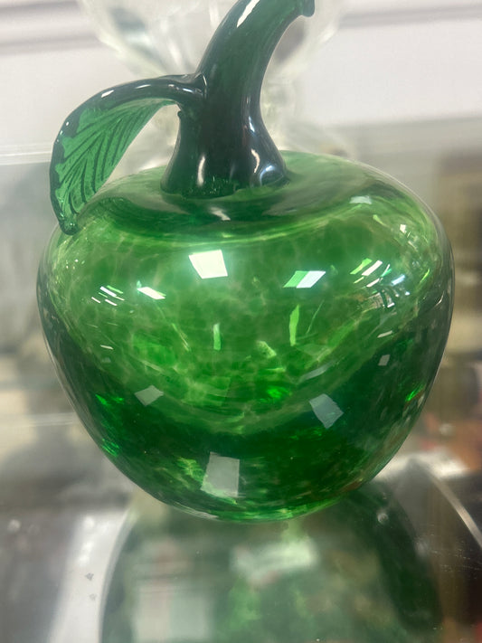 Hand blown green spotted apple studio art glass, paperweight