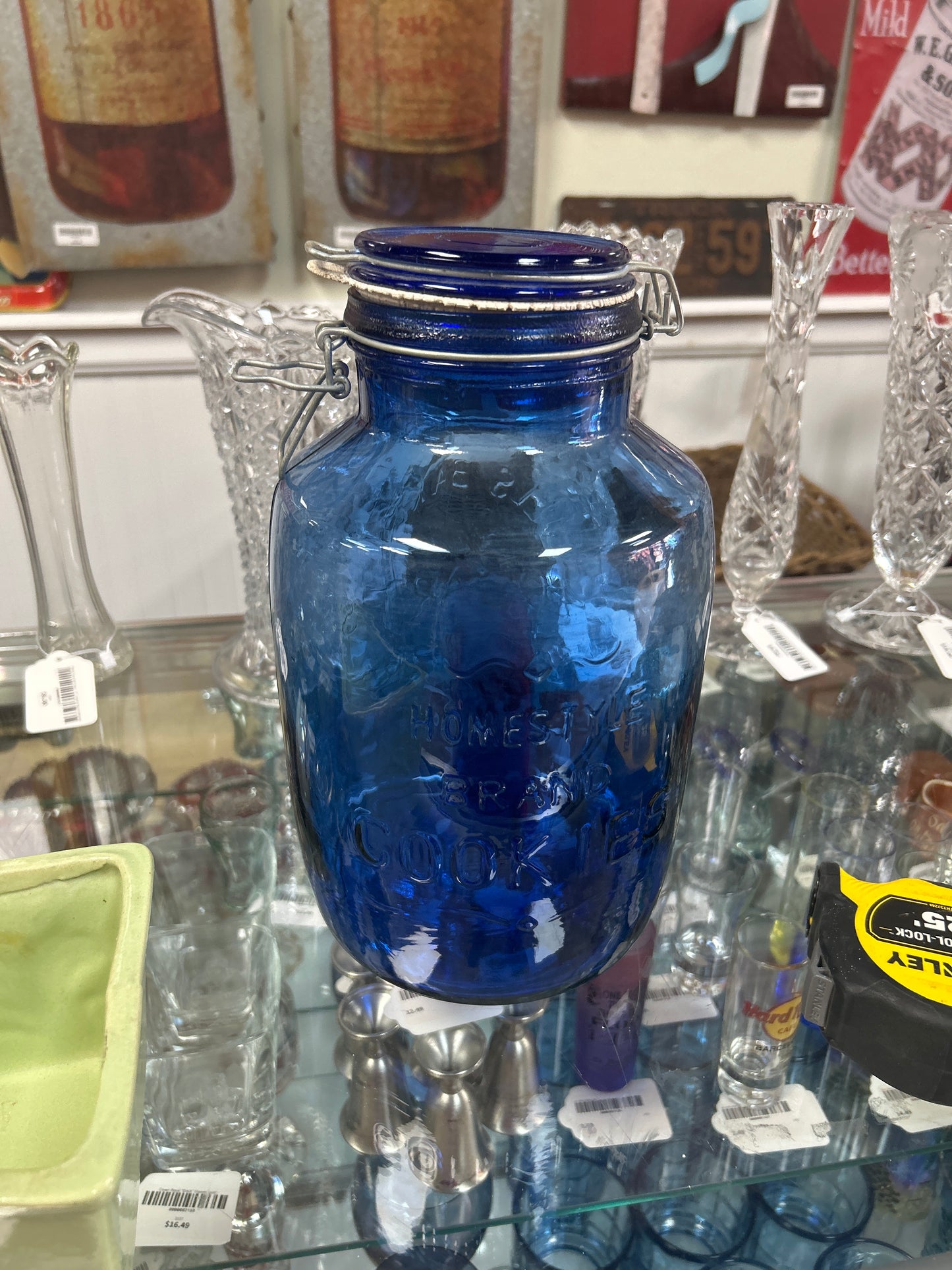 Vintage Mills Bakery Air Tight Blue Glass Canister 4Q Homestyle Brand Cookies