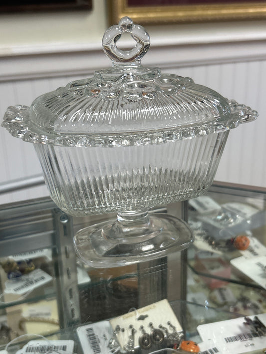 Vintage Indiana Glass Lace Edge Pedestal Covered Candy Dish
