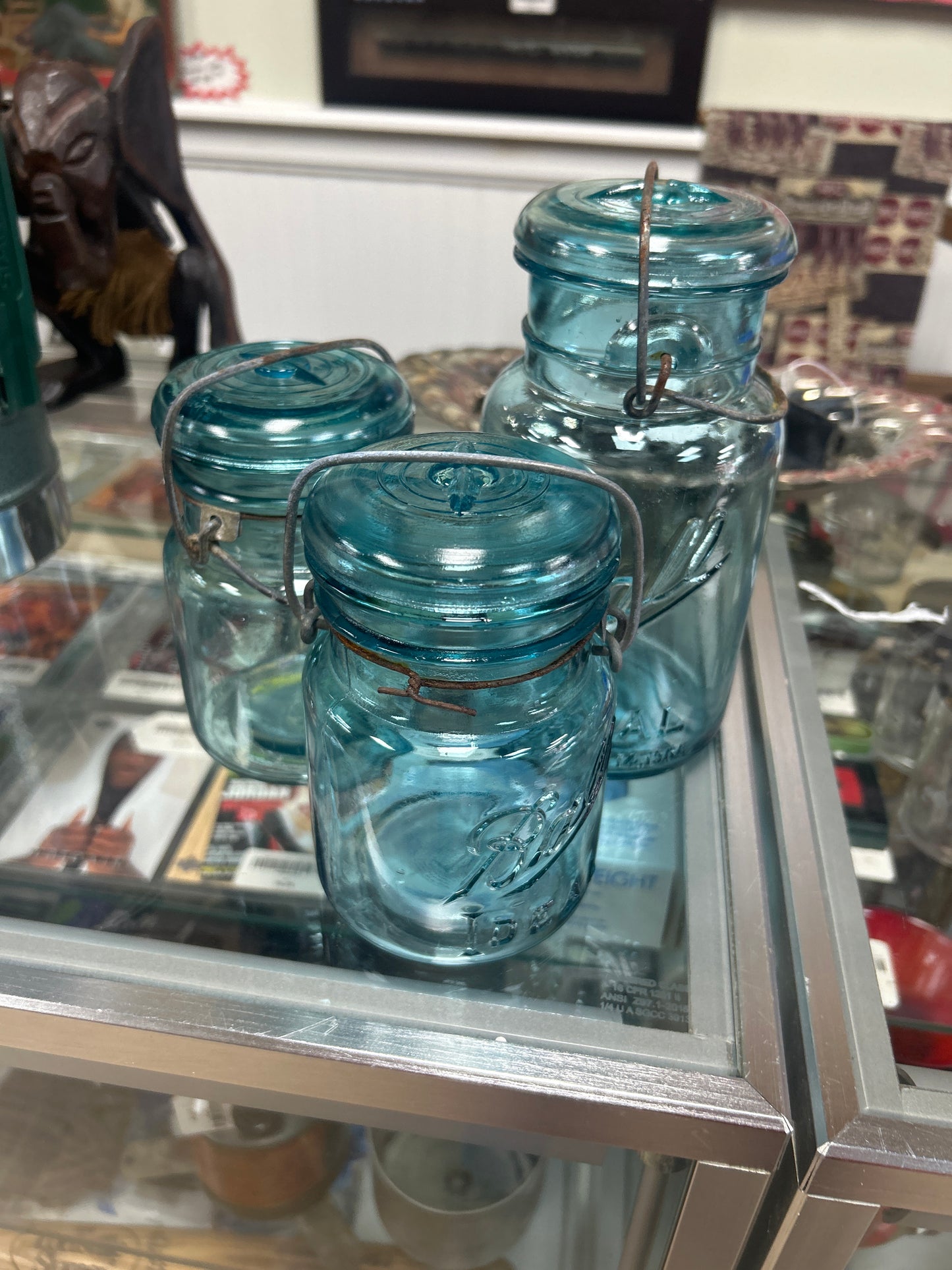 Lot of 3 Vintage Ball Aqua Glass Jars –Ideal w/ lids and filled