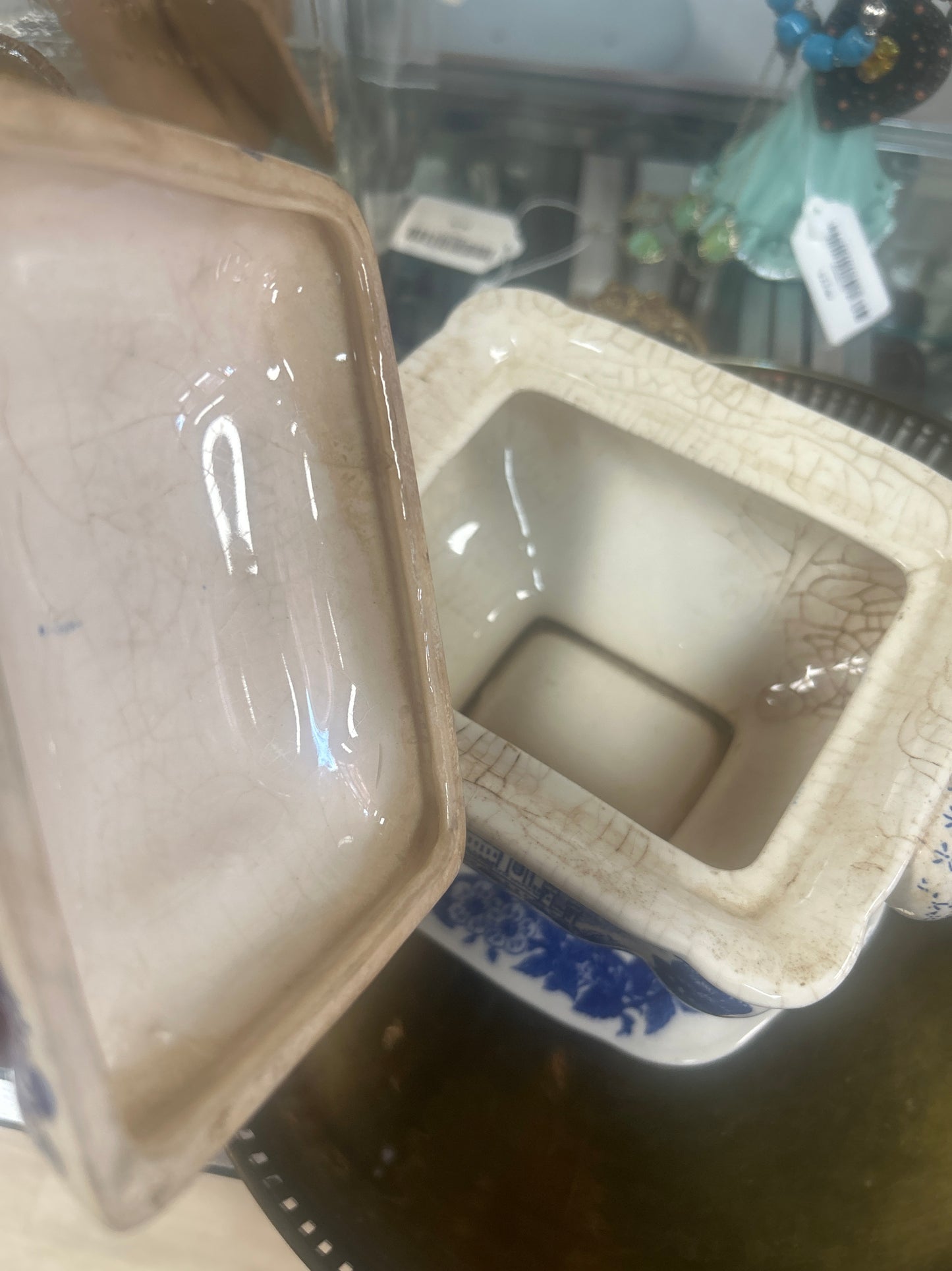 STATFORDSHIRE TUREEN MUSHROOMS BLUE & WHITE w UNDERPLATE c.1880
