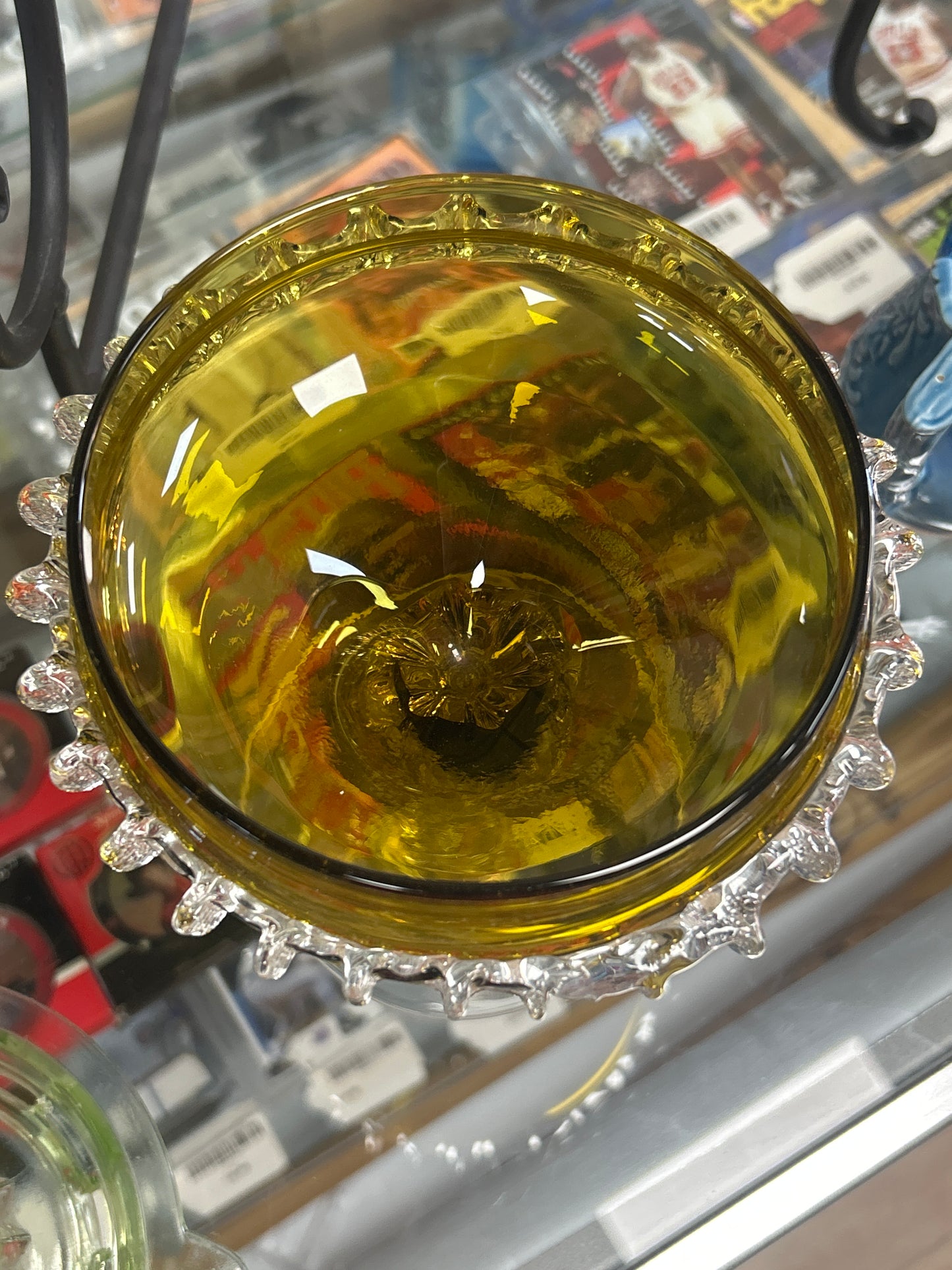 Glass Compote dish Applied Glass. On a pedestal. 7.25” Tall.