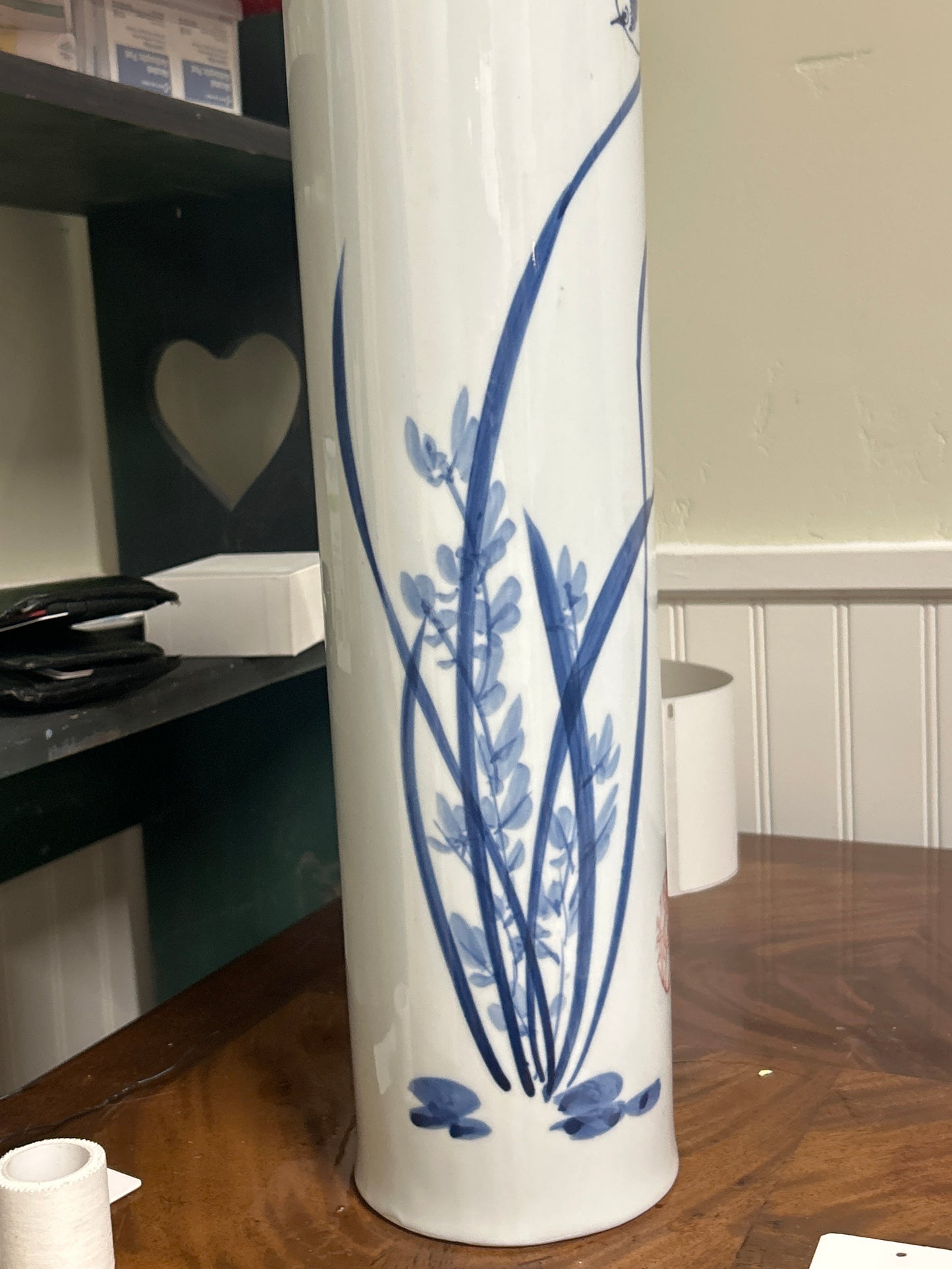 Blue and white porcelain cylindrical vase 18”