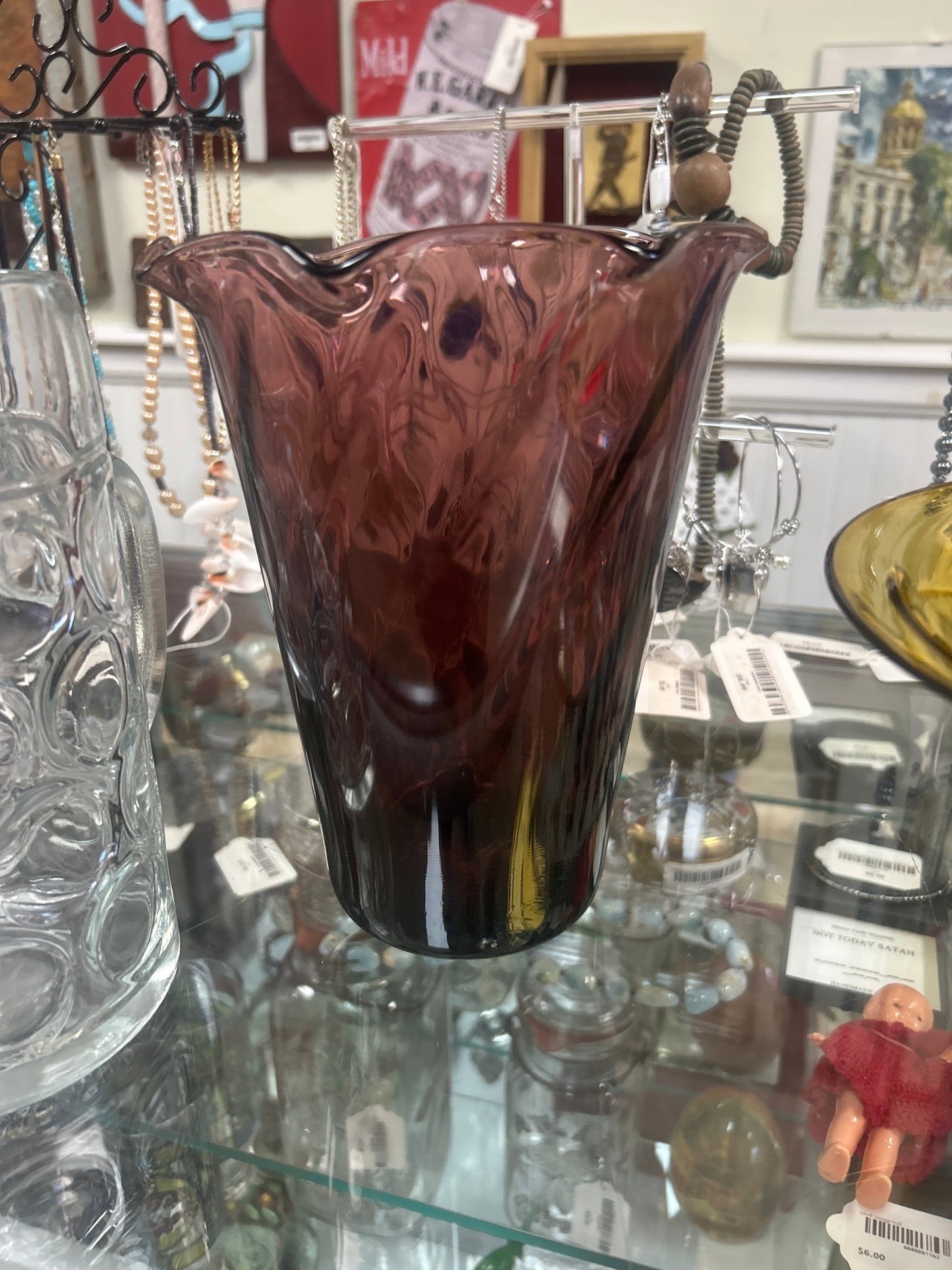 Vintage Hazel Atlas Moroccan Amethyst Glass Vase, Optic Swirl Ruffle Rim