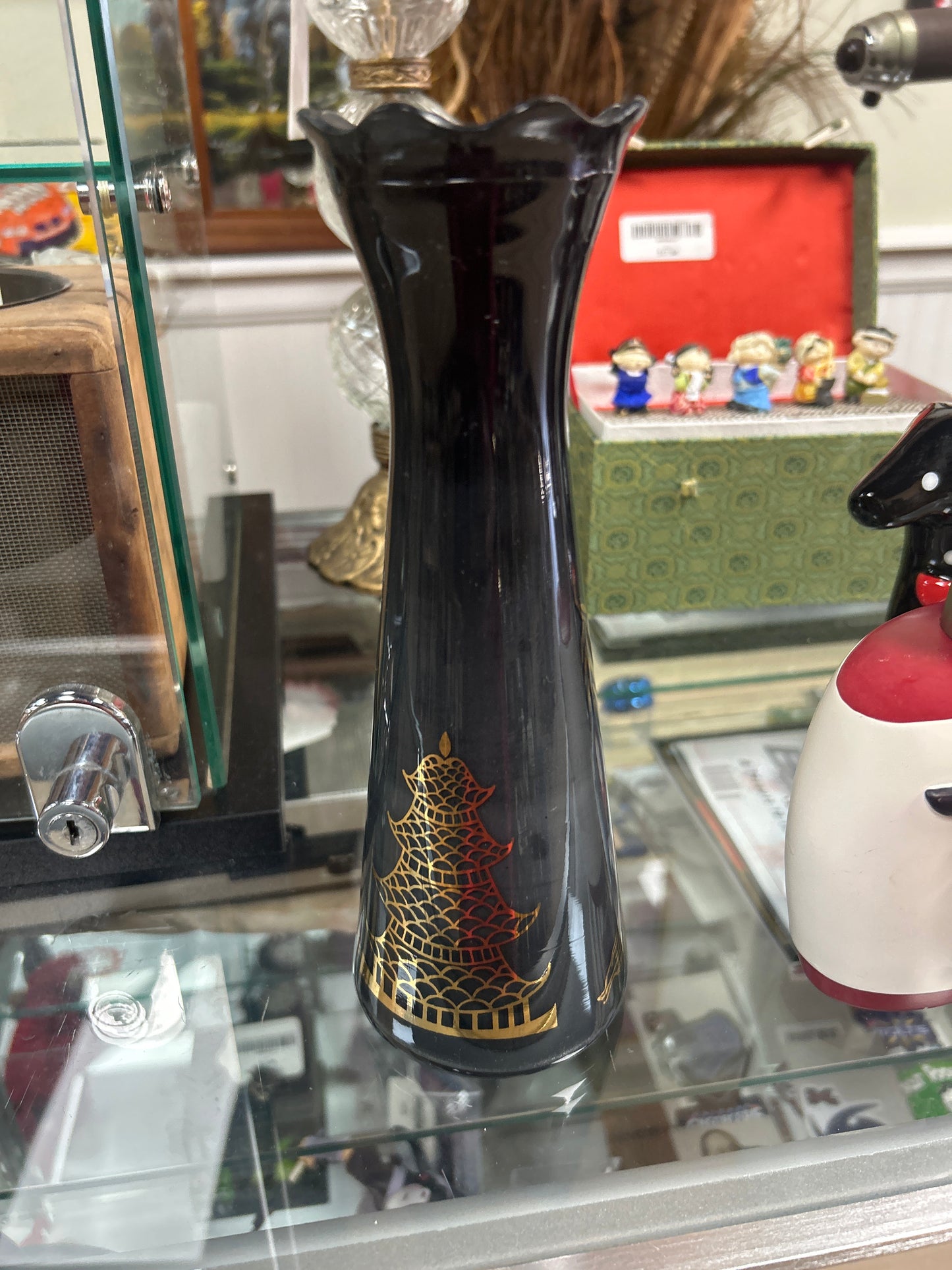 Vintage Bartlett Collins Atomic Age Glass 9" Vase Black Gold Asian Pagoda