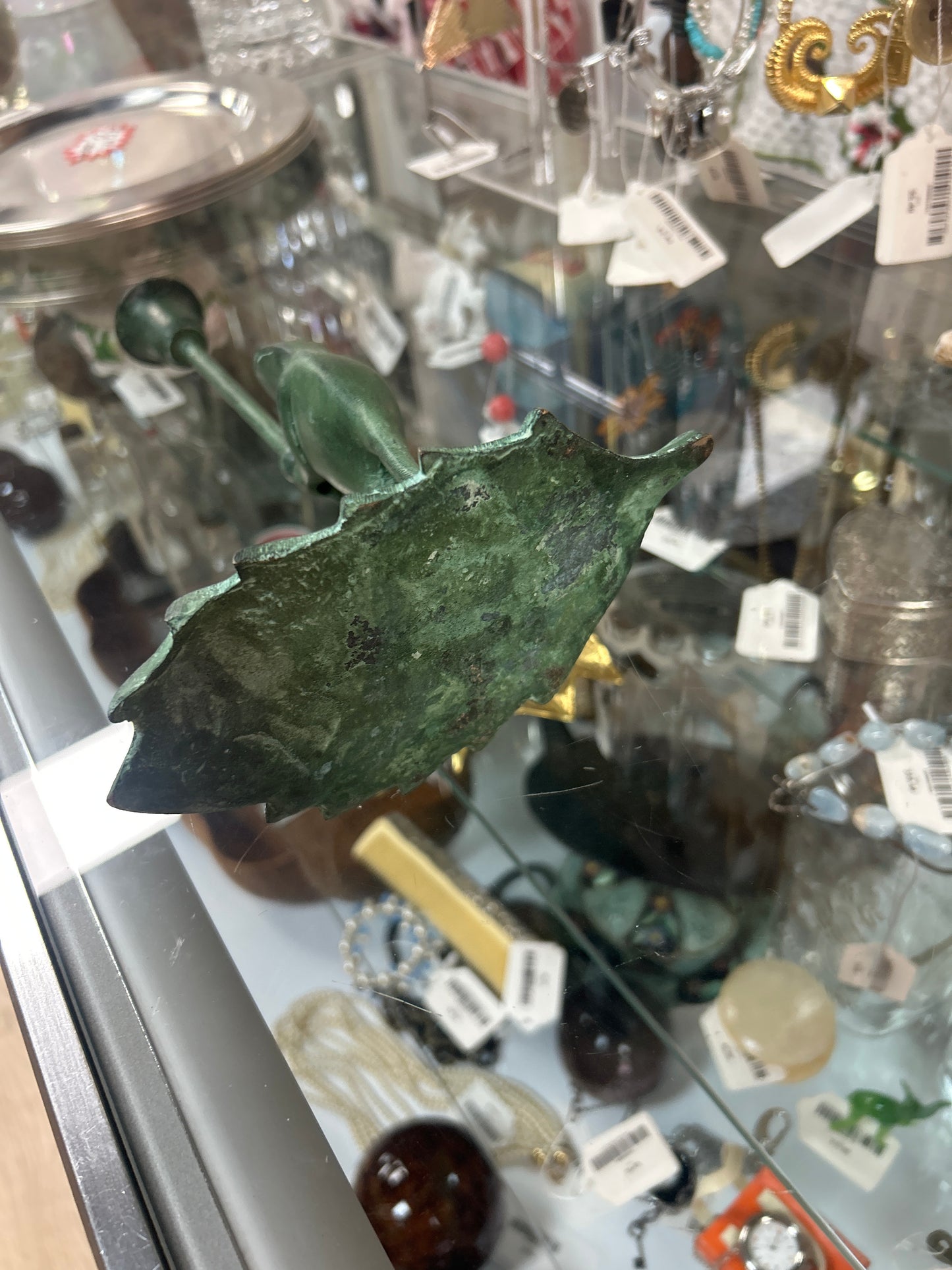 Frog Taper Candle Holder Figurine Brass Heavy Green 11.75”