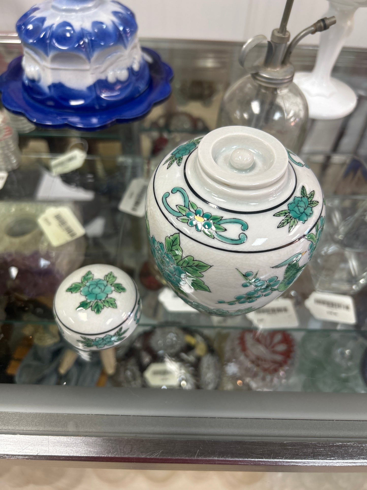 Japanese Porcelain Hand Painted Ginger Jar 5.5" Green Birds Flowers Age Grazing
