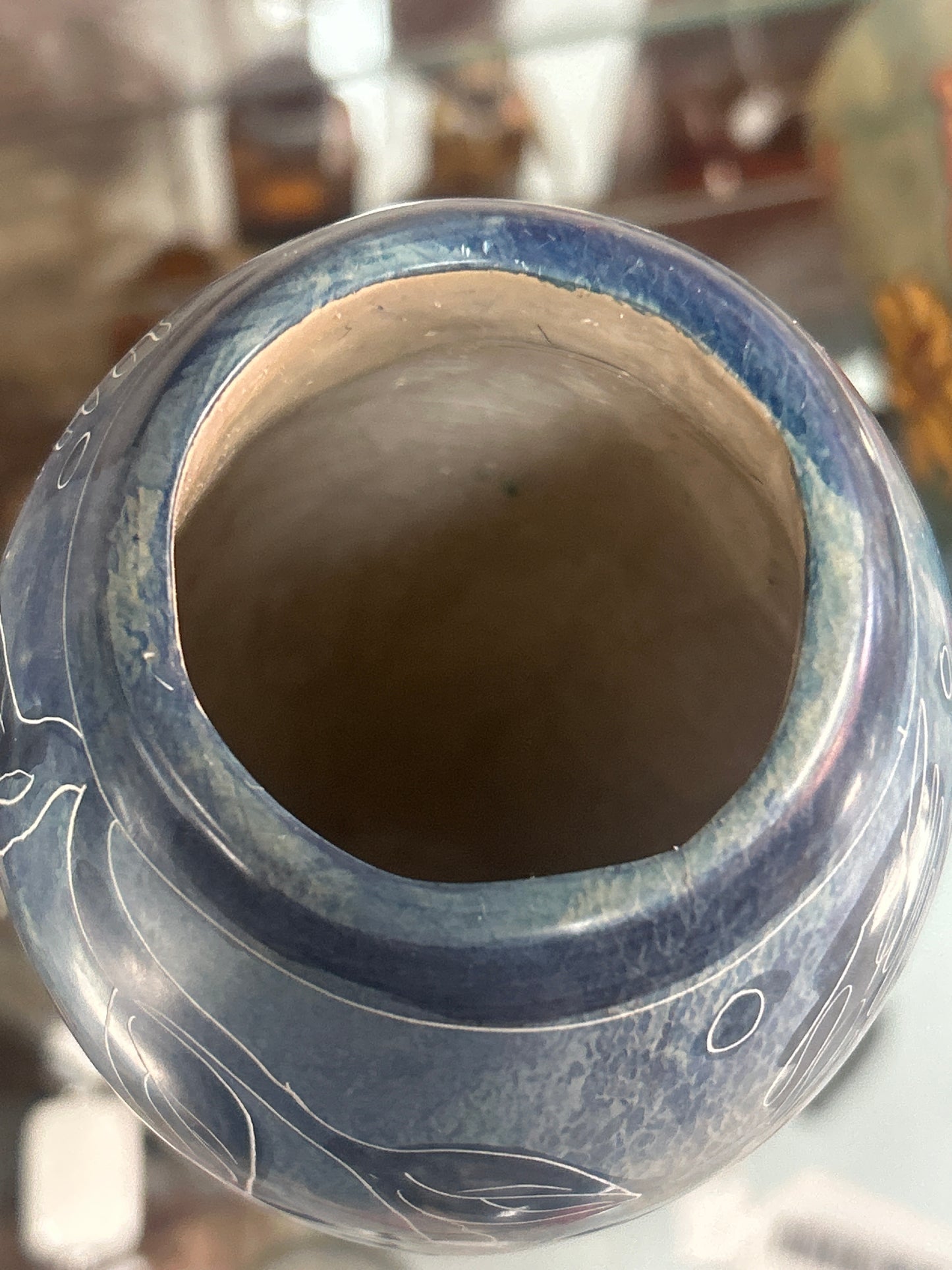Blue Etched Vase 7” (heavy for its size)