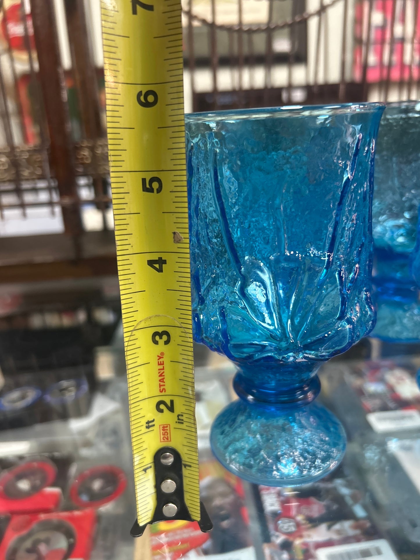 5 Vintage Footed Blue Anchor Hocking Rain Flower Tumblers