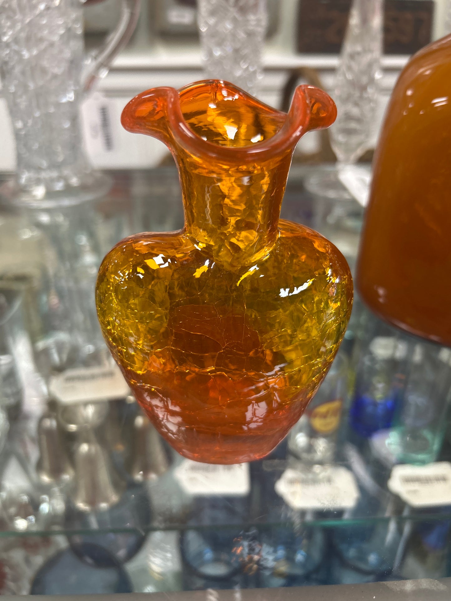 Vtg Blenko or Rainbow Heart Shaped Crackle Glass Vase Ruffle Rim Hand Blown Bud Vase