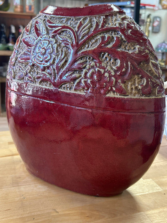 Vintage red beige oval large vase with flowers