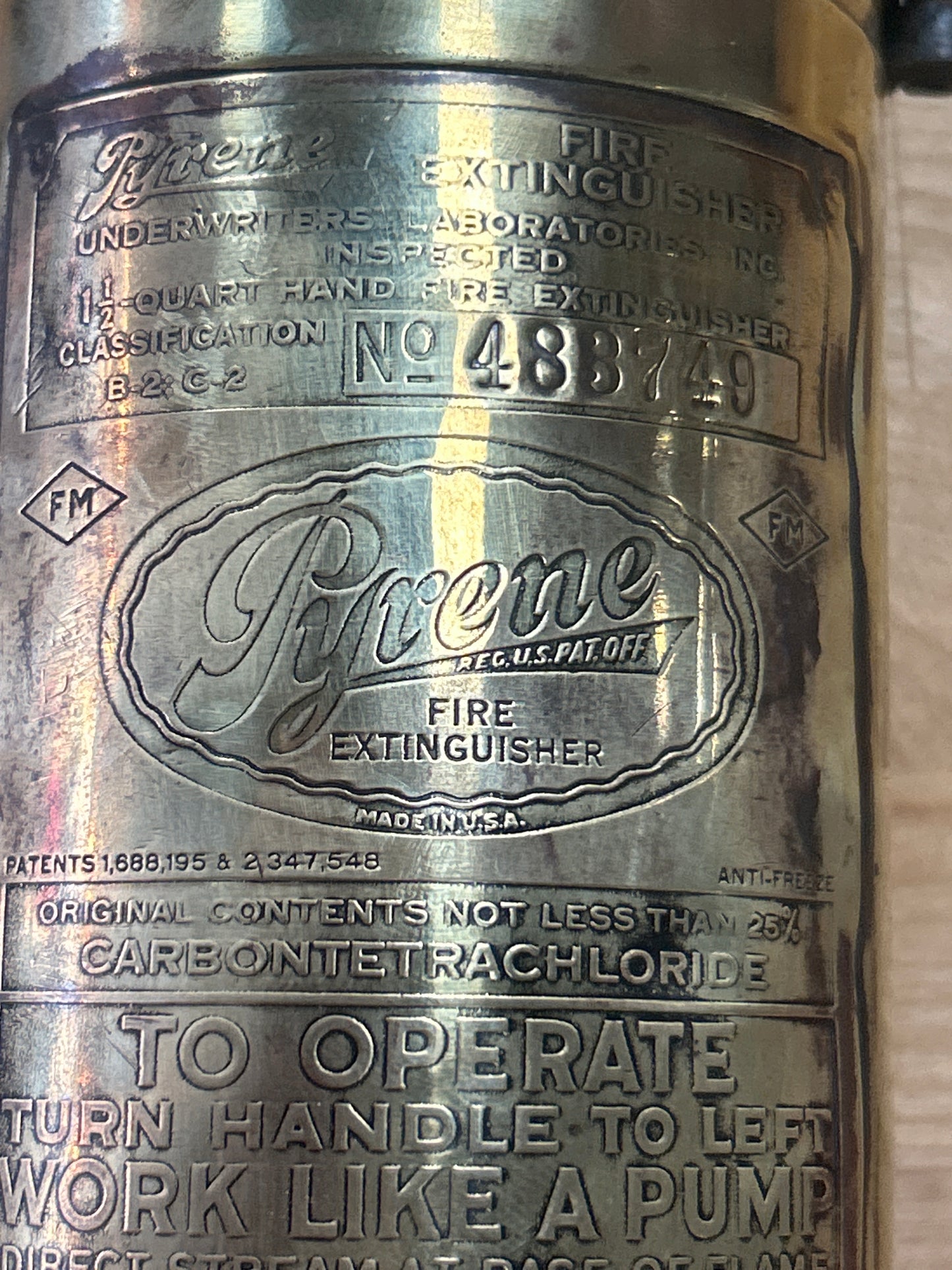 Vintage Brass Pyrene Fire Extinguisher With Bracket 1 1/2 quart. Decor only.