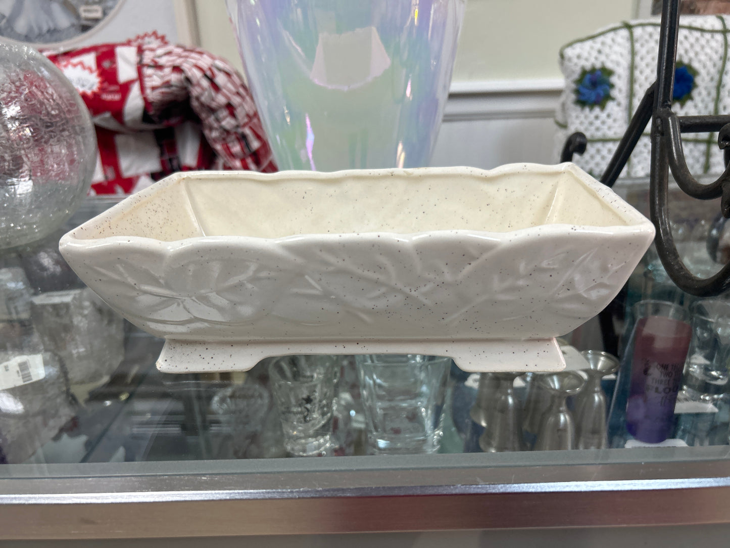 Vintage USA 292 White Drip Glaze Pottery Planter with Leaves Mid Century Modern (stained on inside) Marked