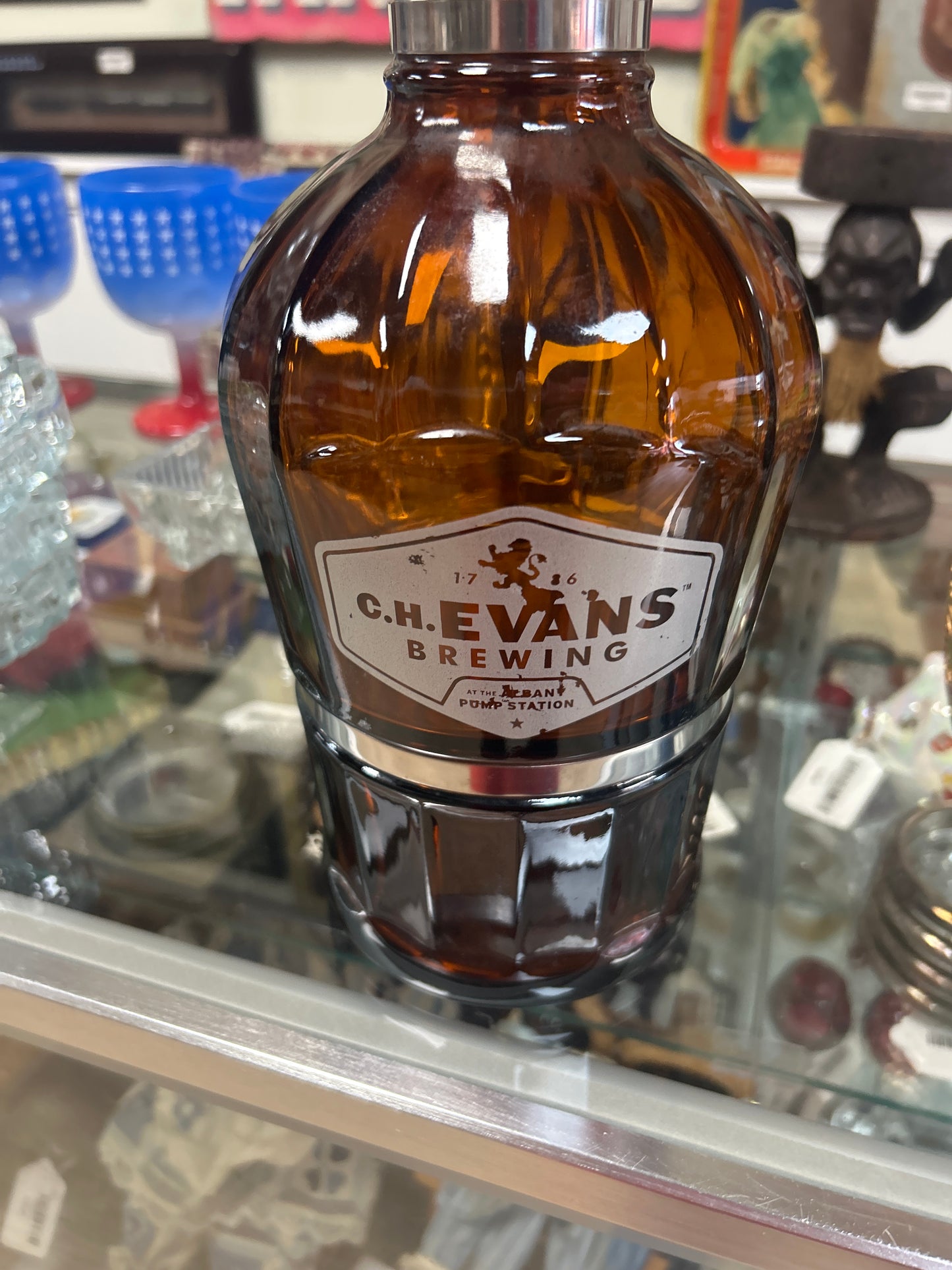 Amber Brown Glass Growler Beer Bottle Aluminum Handle C.H Evan’s Brewing