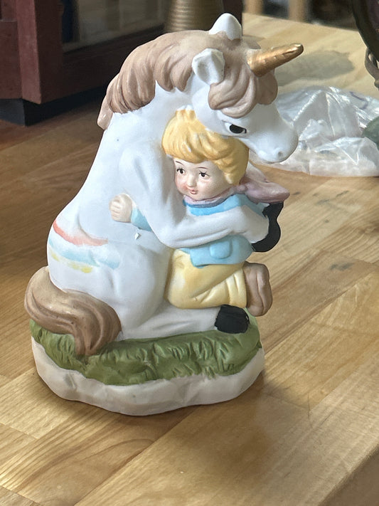 Vintage Unicorn Hugging Child Figurine Hand Painted Porcelain, 5.5” tall