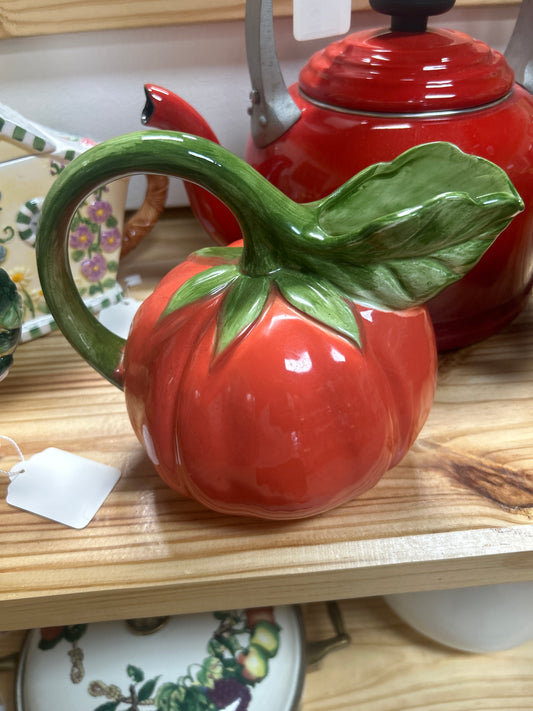 Vintage Ceramic Red Tomato Shaped Pitcher with Vine Leaf Handle