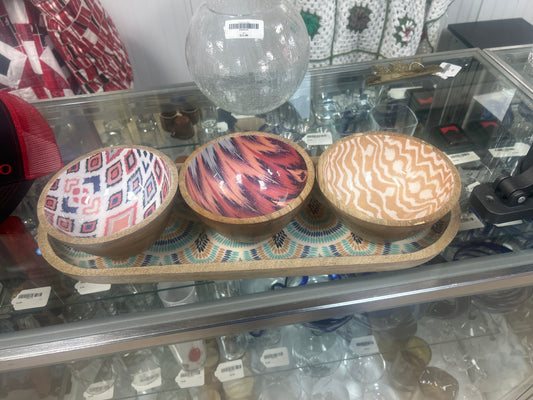 Vintage Wood Bowl Set (3) w/Tray