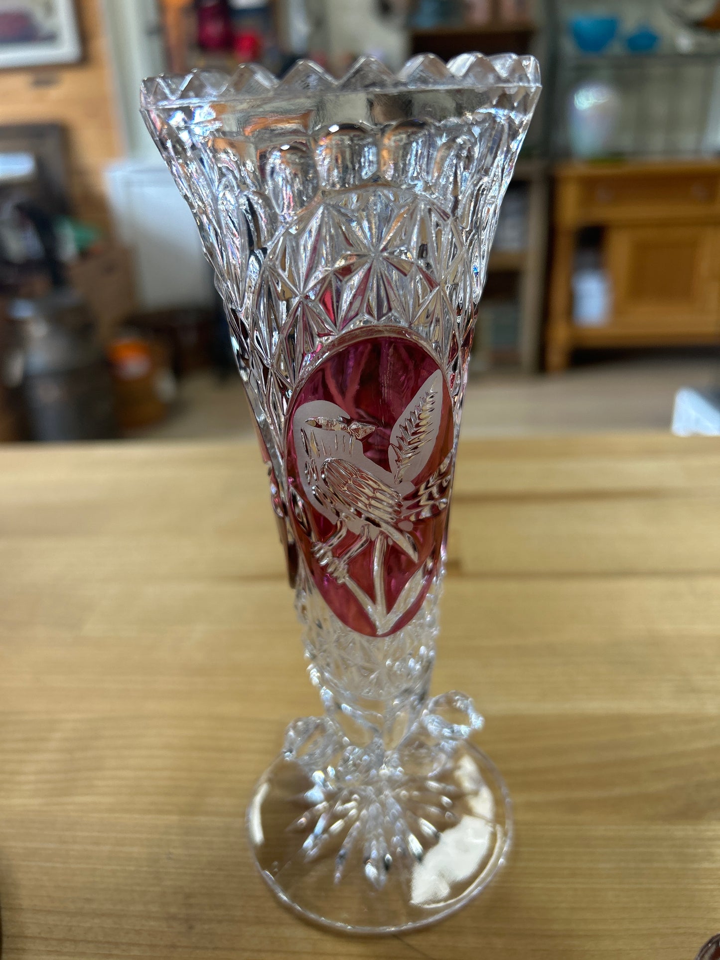 Vintage Hofbauer Byrdes German Lead Crystal Glass Ruby Red Bird Vase 7”