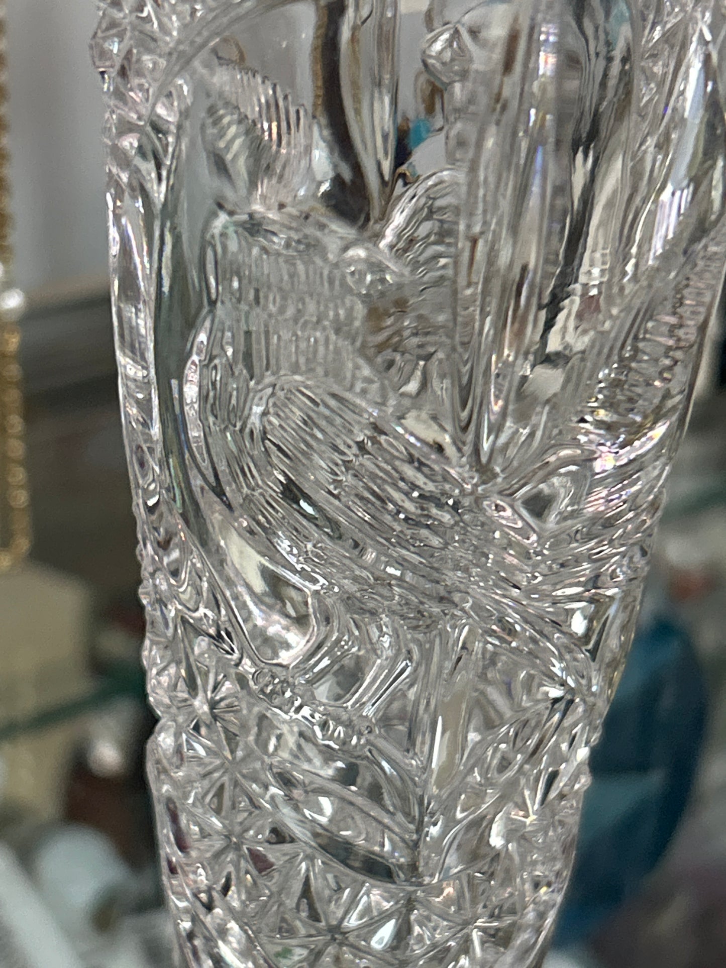 HOFBAUER Byrdes BIRD & Square Star CUT GLASS CRYSTAL Germany Pedestal Vase 9.5”H